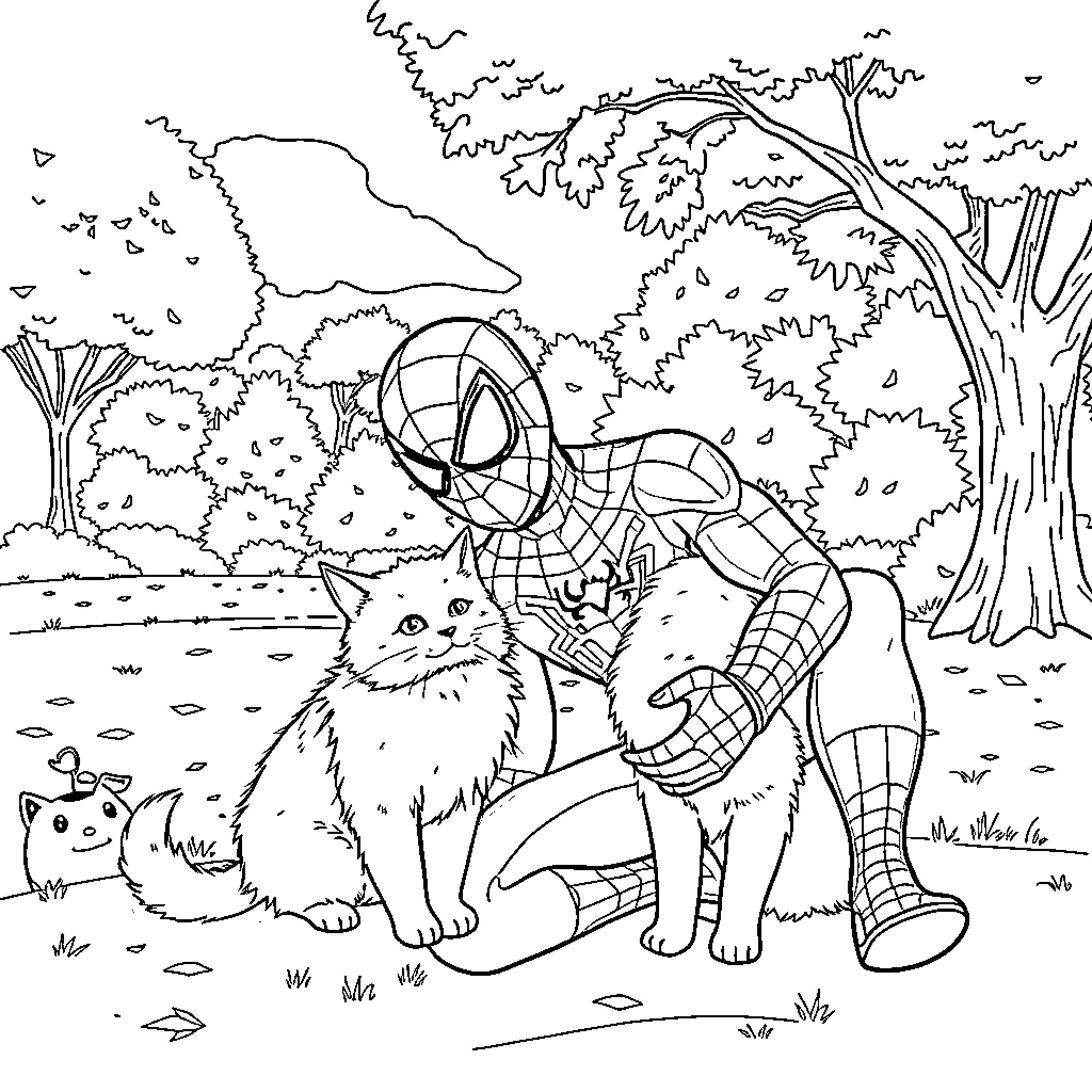 Spiderman meets friendly forest animals Coloring Page (free black-and-white line drawing printable PDF for all, from beginners to advanced learners, including children, teens, adults, and seniors)