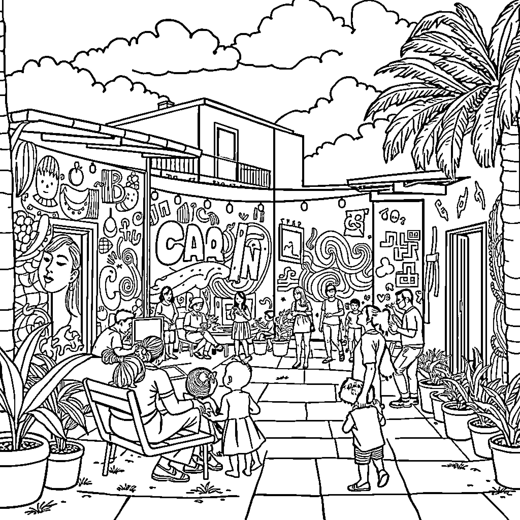 Palestinian community gathering in vibrant outdoor setting Coloring Page (free black-and-white line drawing printable PDF for all, from beginners to advanced learners, including children, teens, adults, and seniors)