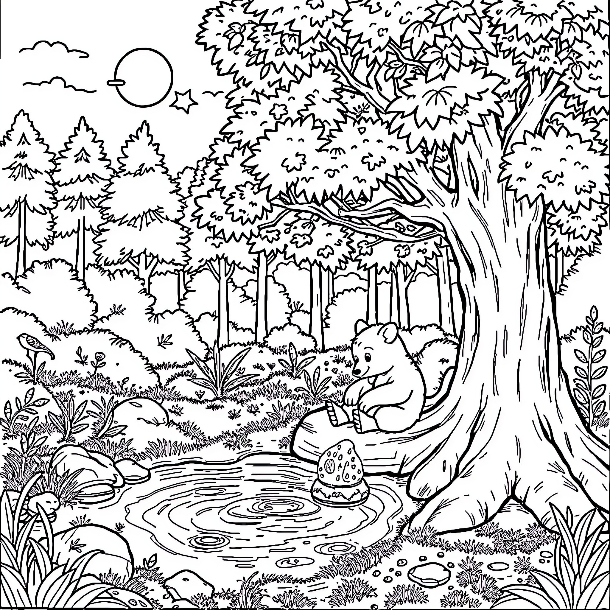 Bear relaxing by a peaceful forest stream Coloring Page (free black-and-white line drawing printable PDF for all, from beginners to advanced learners, including children, teens, adults, and seniors)