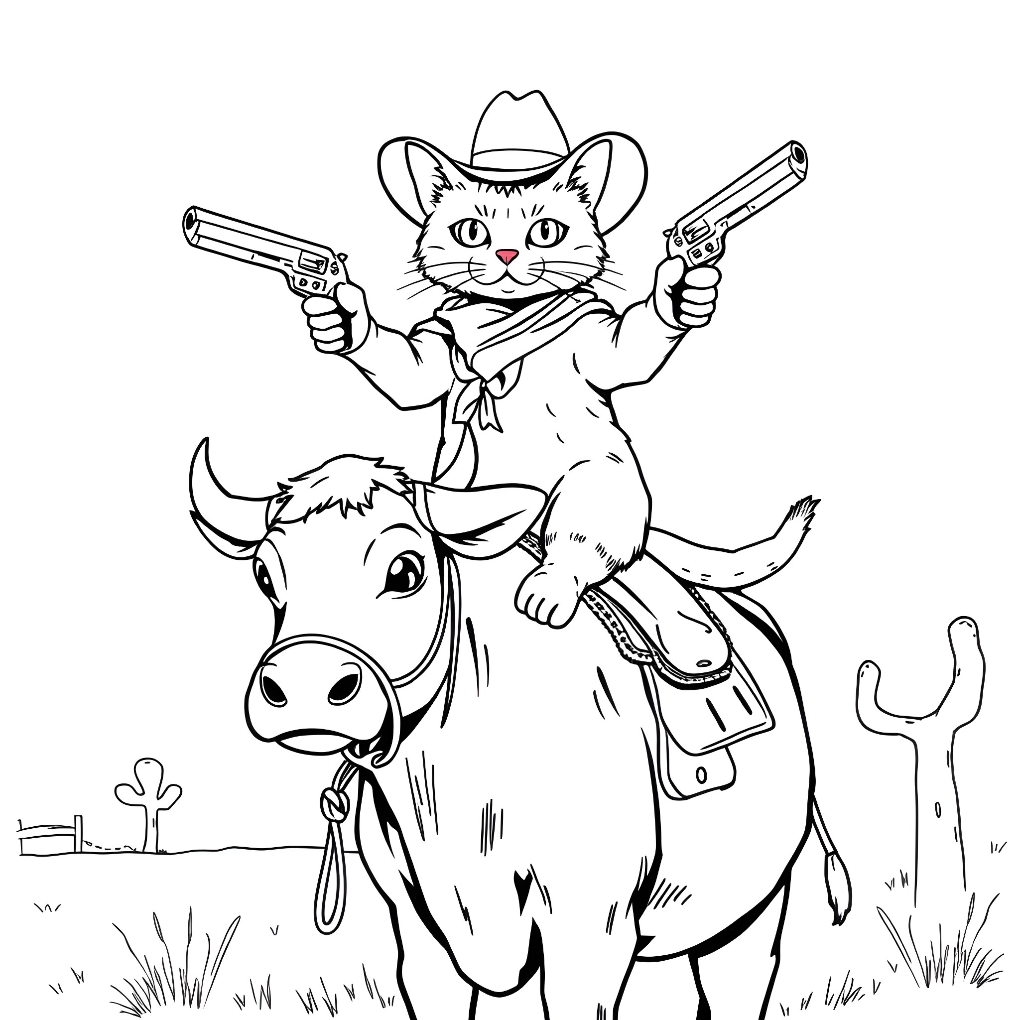 Cowboy Cat with Guns Riding a Cow in the Wild West Coloring Page (free black-and-white line drawing printable PDF for all, from beginners to advanced learners, including children, teens, adults, and seniors)