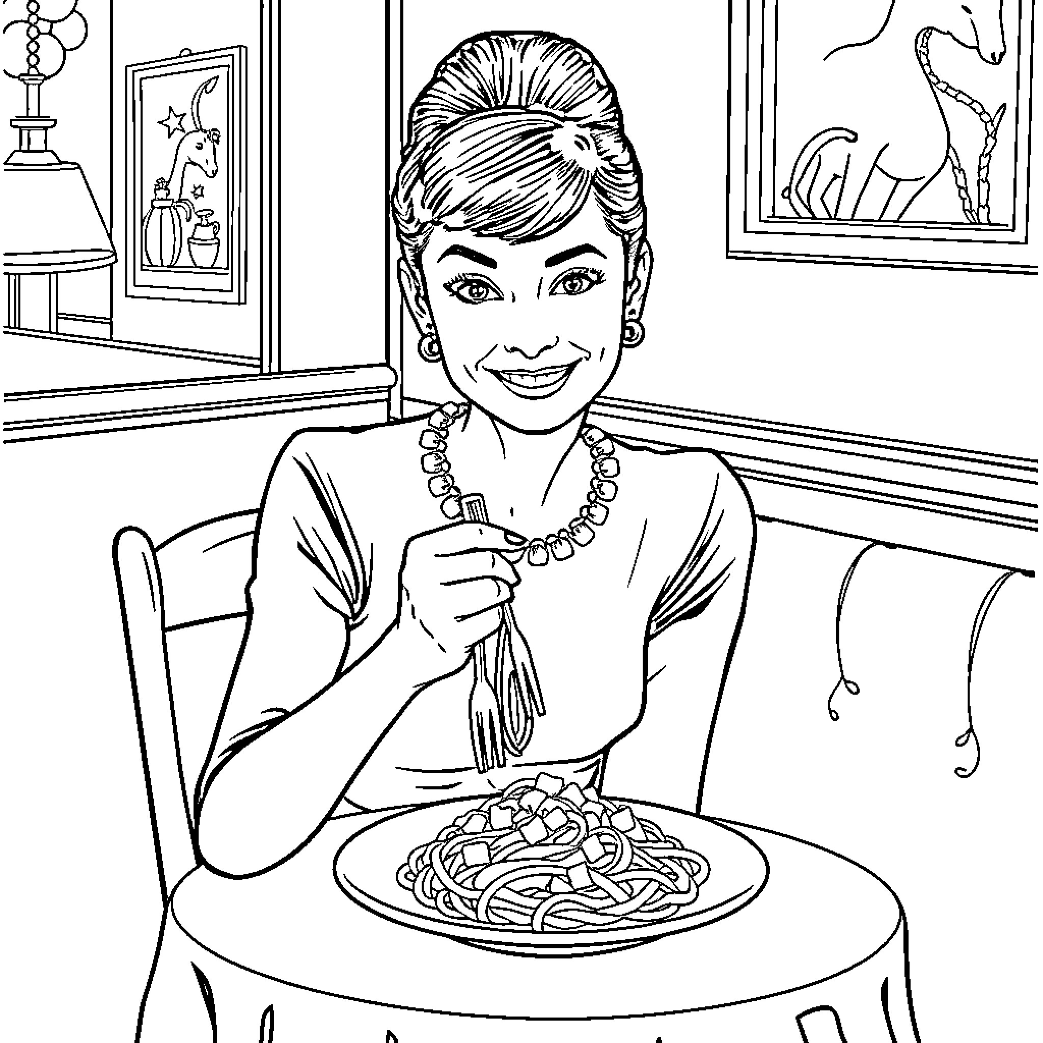 Audrey Hepburn enjoying a meal in a cozy setting Coloring Page (free black-and-white line drawing printable PDF for all, from beginners to advanced learners, including children, teens, adults, and seniors)