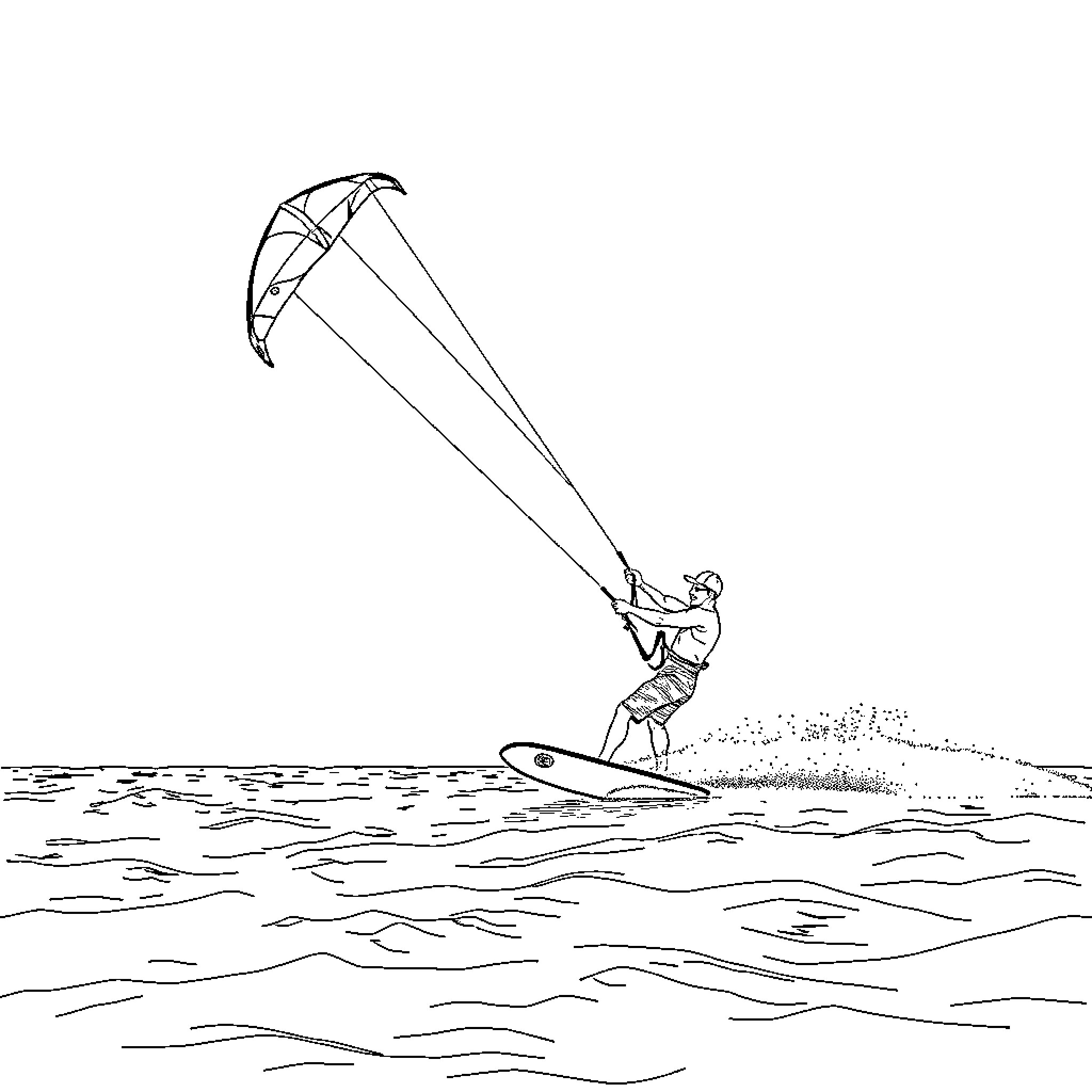 Kitesurfing Man gliding across the waves Coloring Page (free black-and-white line drawing printable PDF for all, from beginners to advanced learners, including children, teens, adults, and seniors)