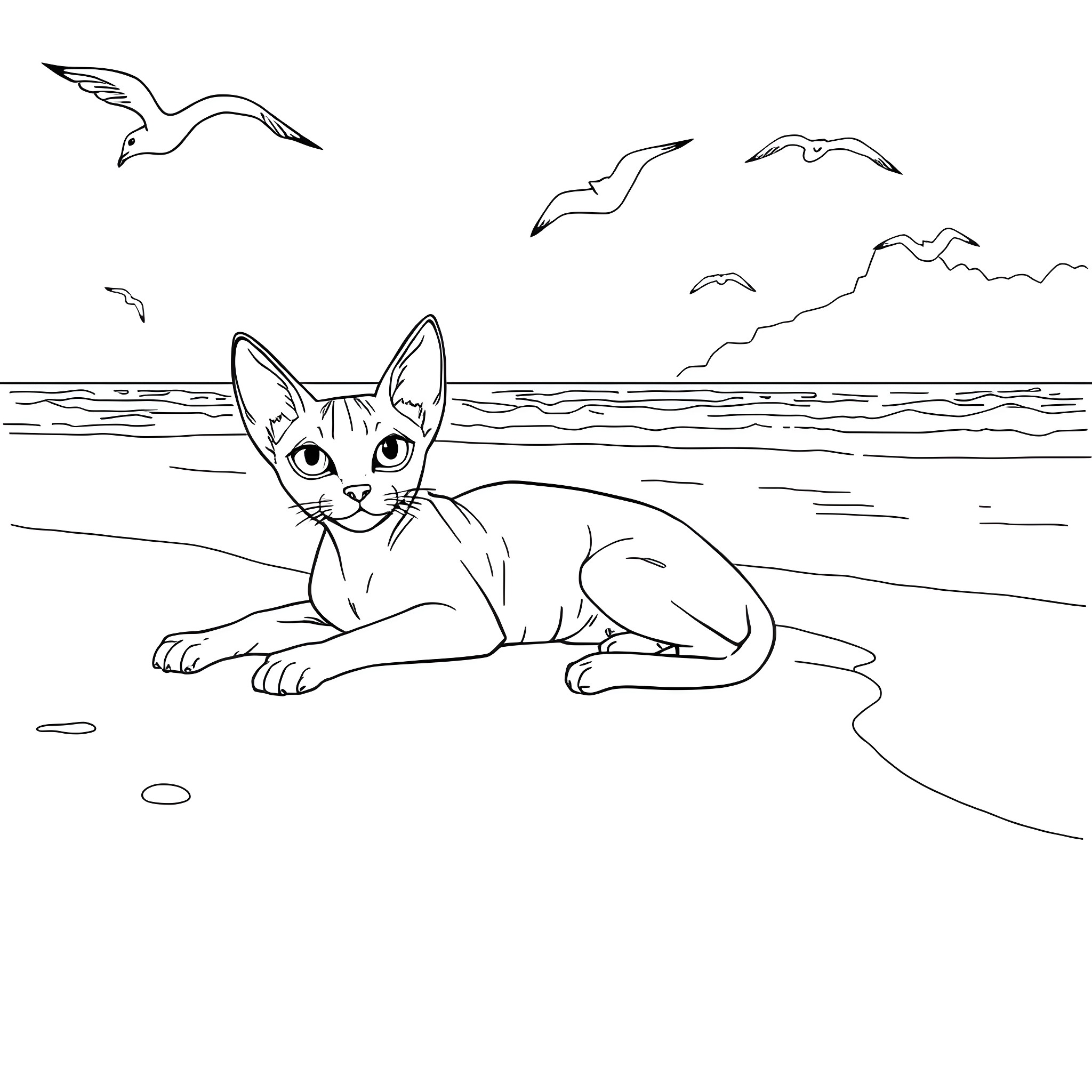 Cat resting on the beach Coloring Page (free black-and-white line drawing printable PDF for all, from beginners to advanced learners, including children, teens, adults, and seniors)