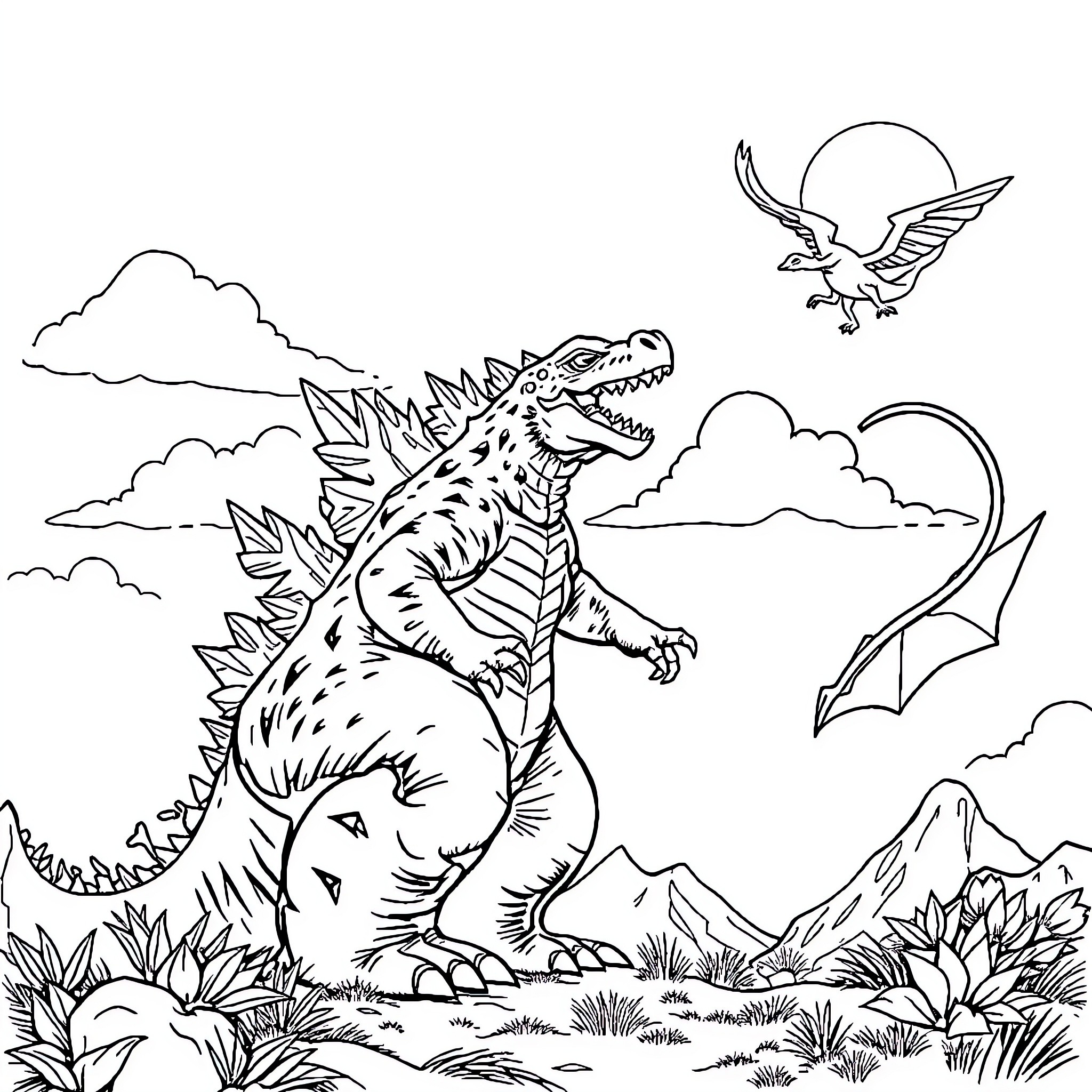 Godzilla battles a mighty winged creature in a scenic landscape Coloring Page (free black-and-white line drawing printable PDF for all, from beginners to advanced learners, including children, teens, adults, and seniors)