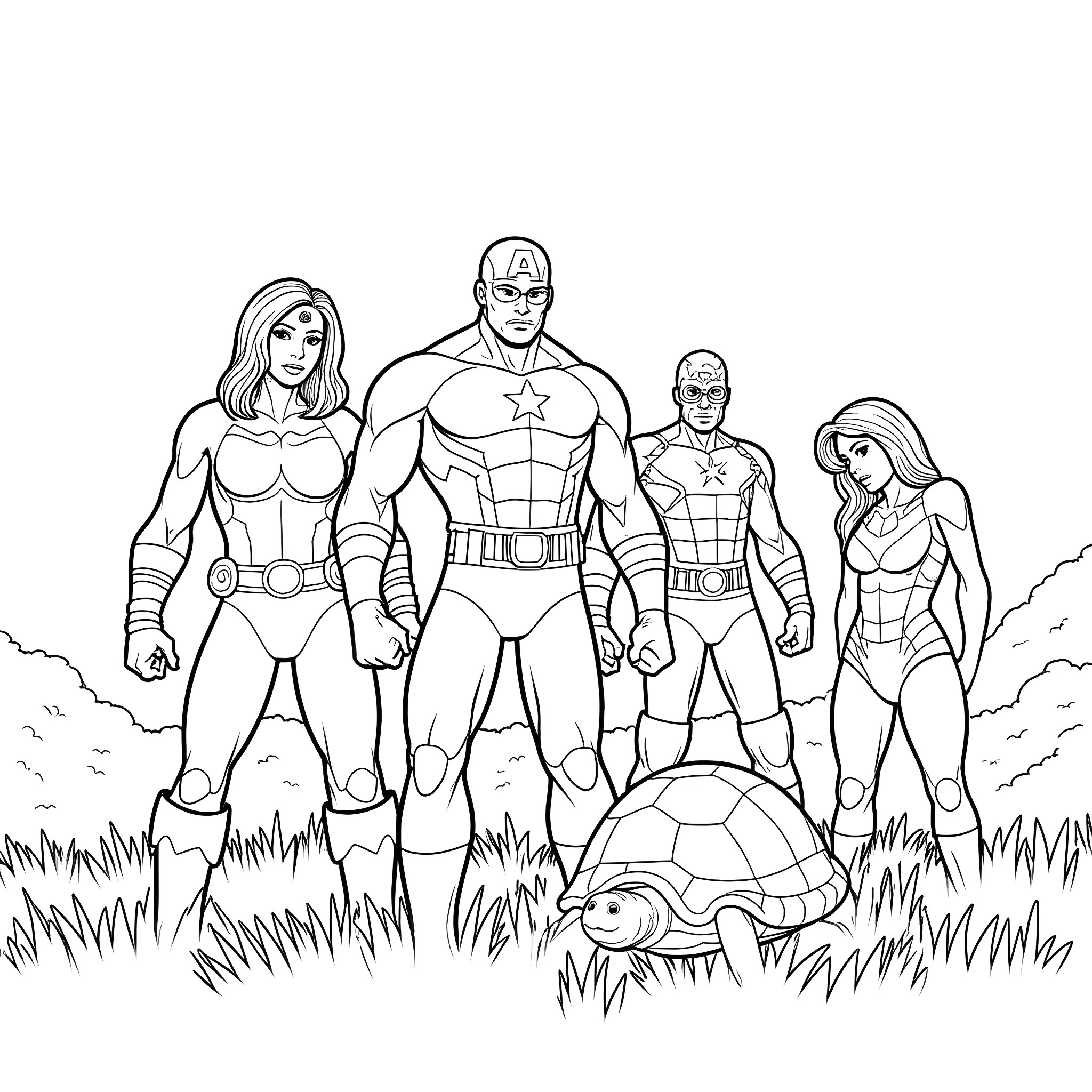 Avenger heroes in action poses with a turtle Coloring Page (free black-and-white line drawing printable PDF for all, from beginners to advanced learners, including children, teens, adults, and seniors)