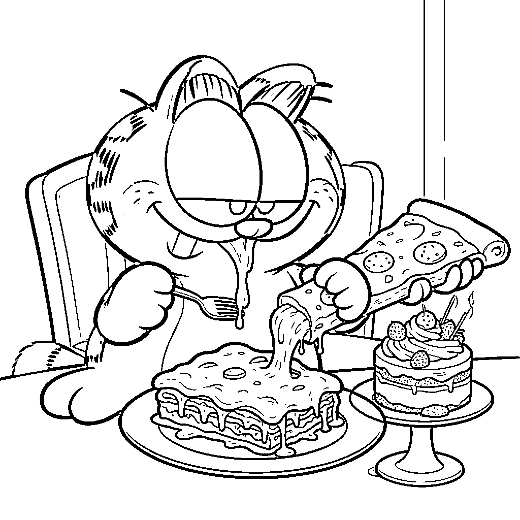Garfield eating a large slice of pizza and lasagna Coloring Page (free black-and-white line drawing printable PDF for all, from beginners to advanced learners, including children, teens, adults, and seniors)