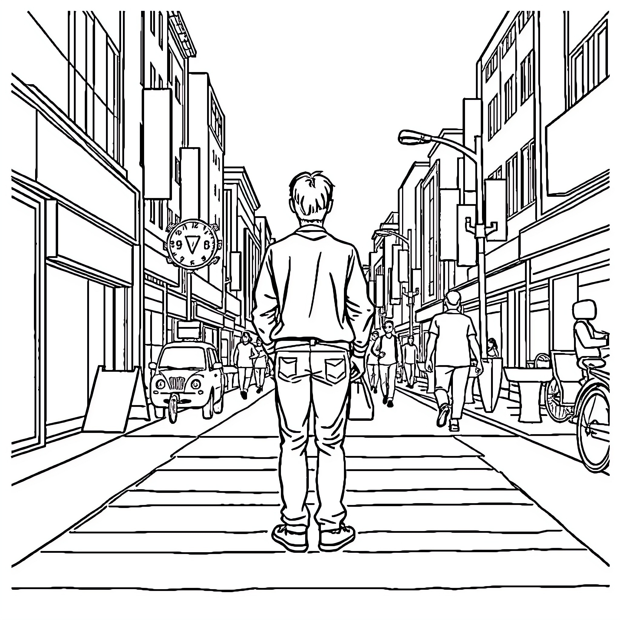 Person walking on city street with buildings Coloring Page (free black-and-white line drawing printable PDF for all, from beginners to advanced learners, including children, teens, adults, and seniors)