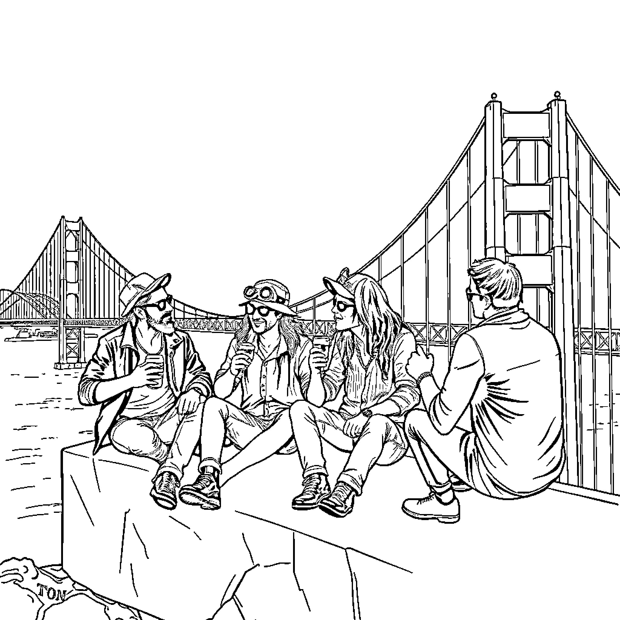 Oasis of friends enjoying scenic views together Coloring Page (free black-and-white line drawing printable PDF for all, from beginners to advanced learners, including children, teens, adults, and seniors)