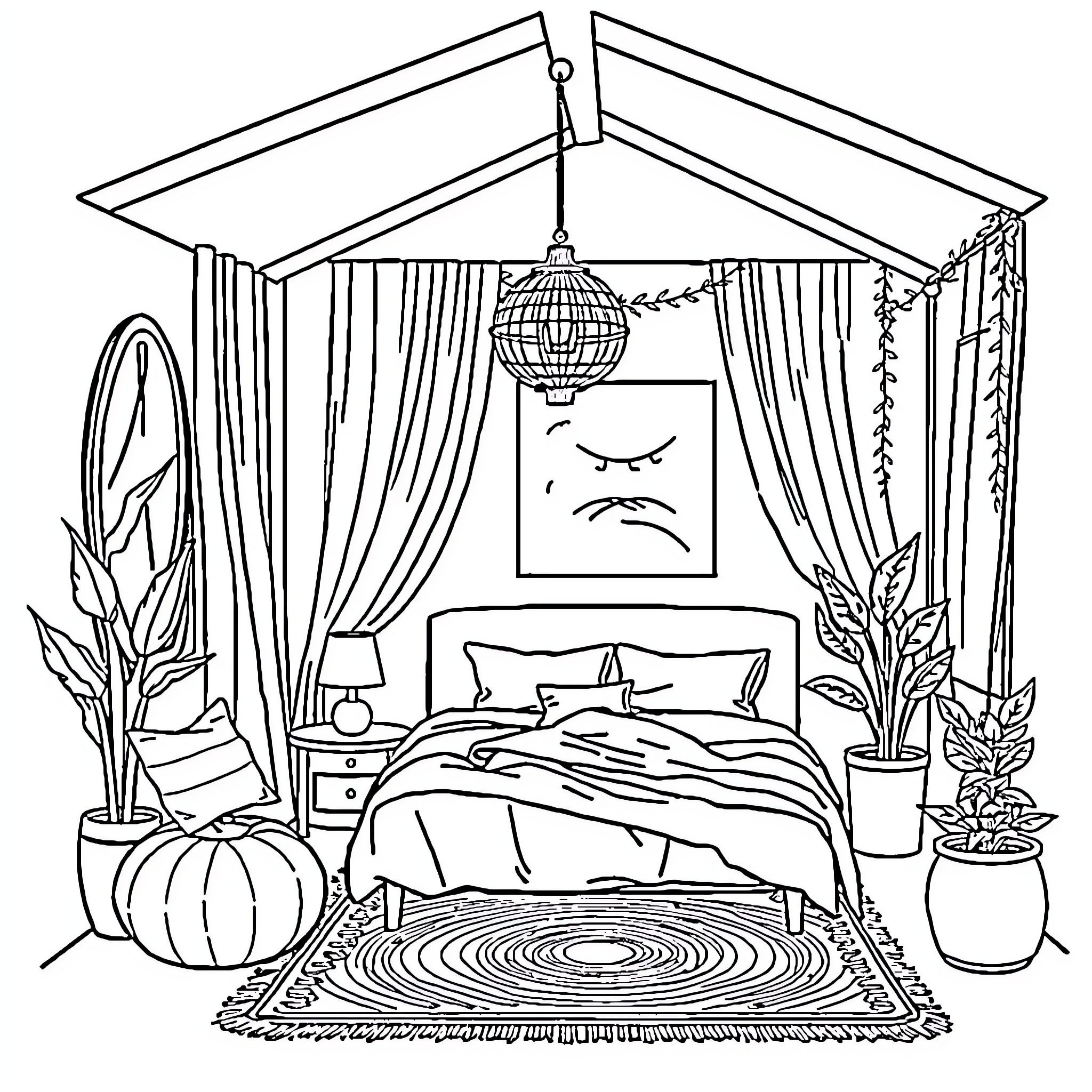 Interior Architecture of Cozy Bedroom with Decor Coloring Page (free black-and-white line drawing printable PDF for all, from beginners to advanced learners, including children, teens, adults, and seniors)