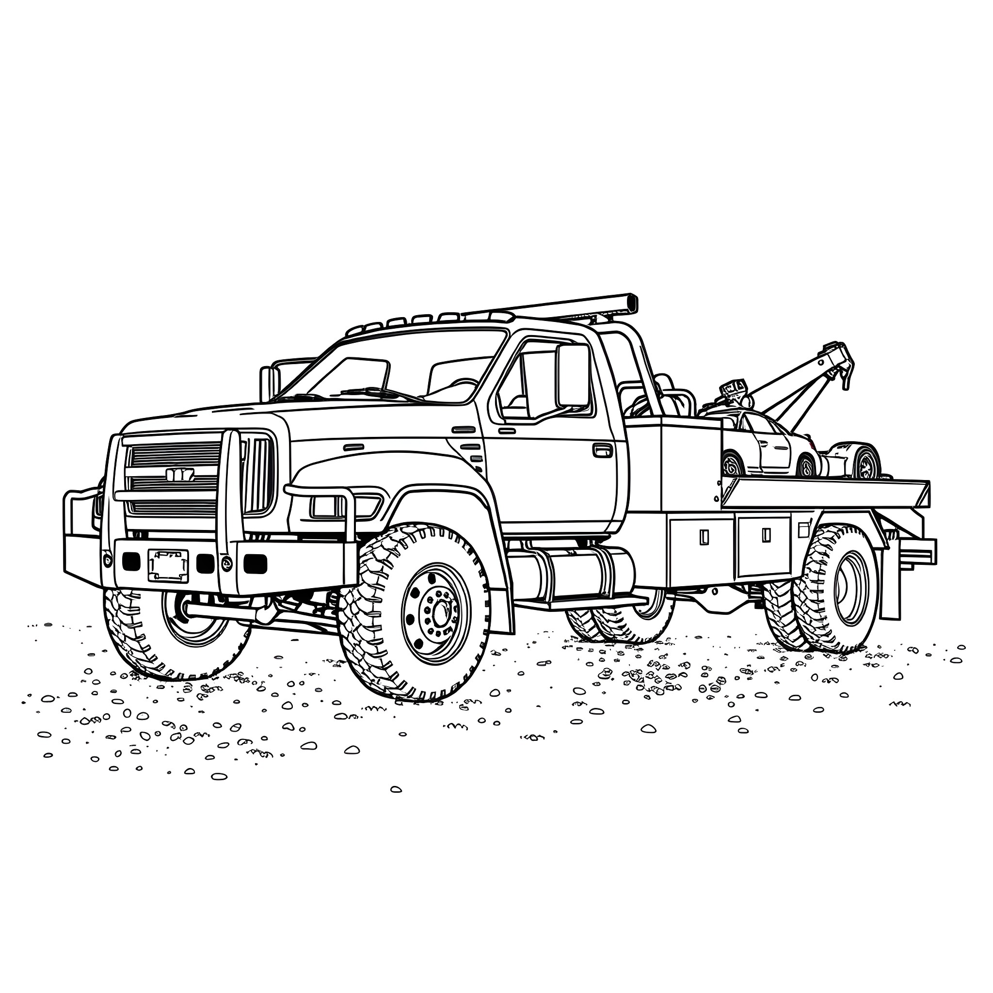 Rollback Truck Towing a Damaged Vehicle Coloring Page (free black-and-white line drawing printable PDF for all, from beginners to advanced learners, including children, teens, adults, and seniors)