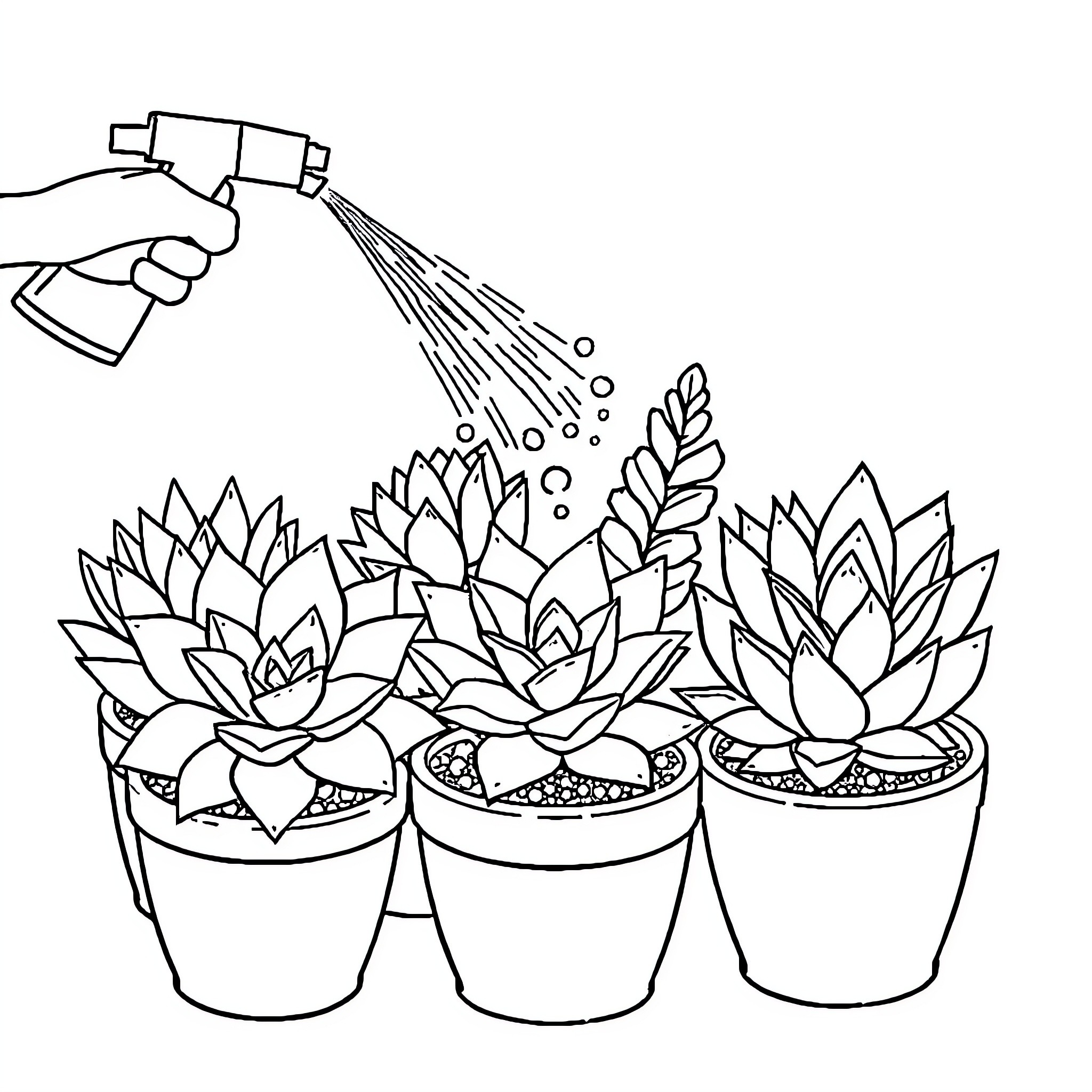 Succulent plants being watered in pots Coloring Page (free black-and-white line drawing printable PDF for all, from beginners to advanced learners, including children, teens, adults, and seniors)