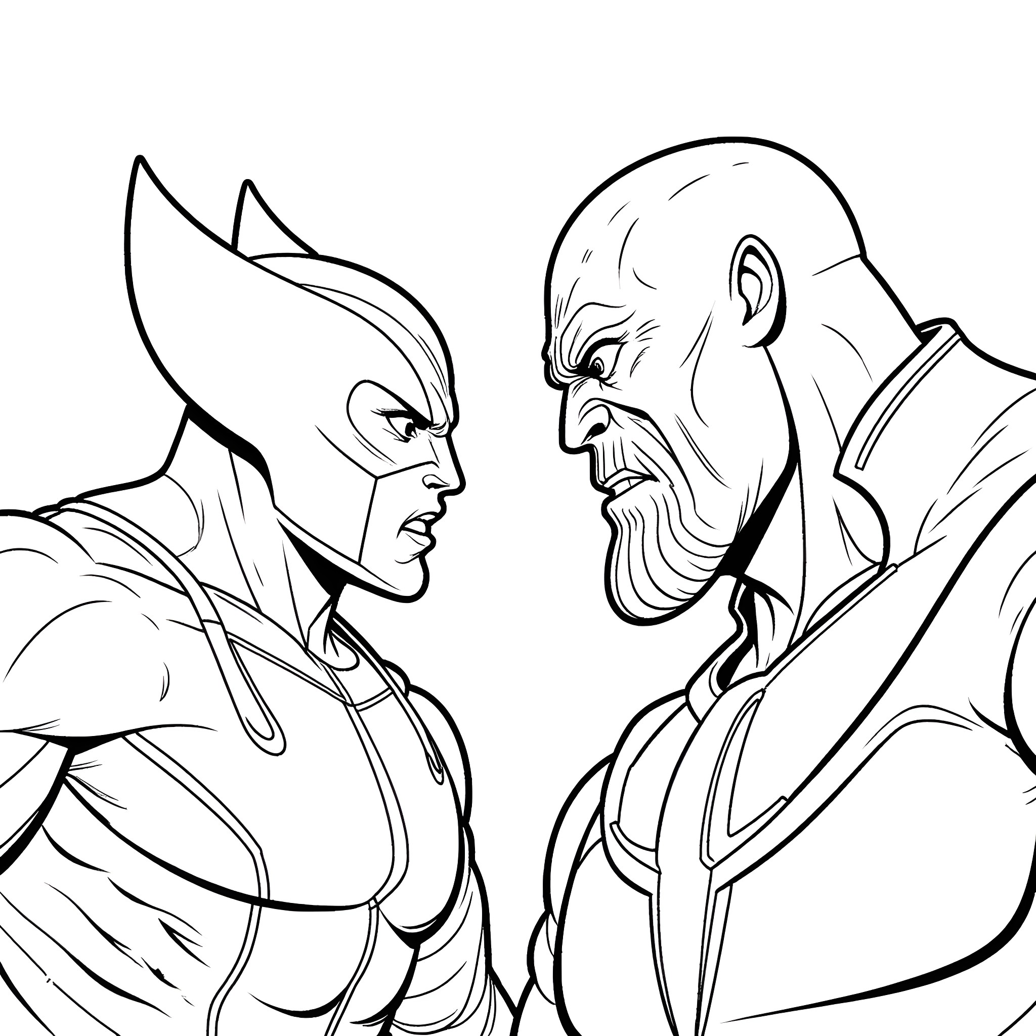 Wolverine in intense confrontation with muscular adversary Coloring Page (free black-and-white line drawing printable PDF for all, from beginners to advanced learners, including children, teens, adults, and seniors)