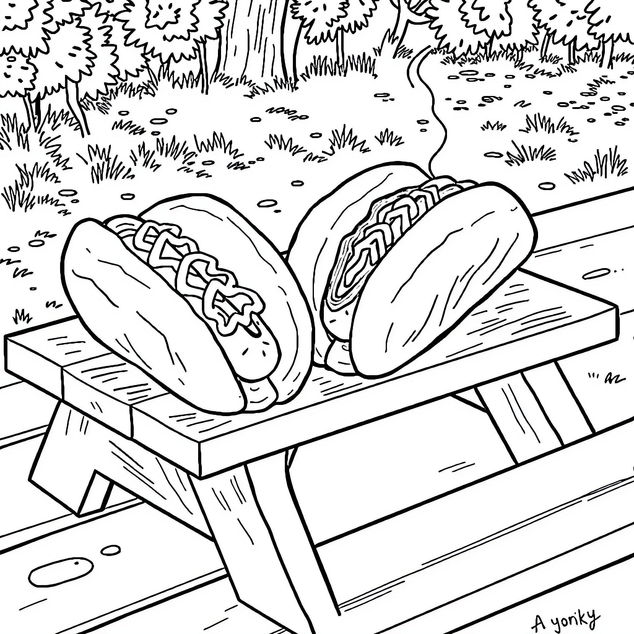 Hot Dog Picnic in the Park Coloring Page (free black-and-white line drawing printable PDF for all, from beginners to advanced learners, including children, teens, adults, and seniors)