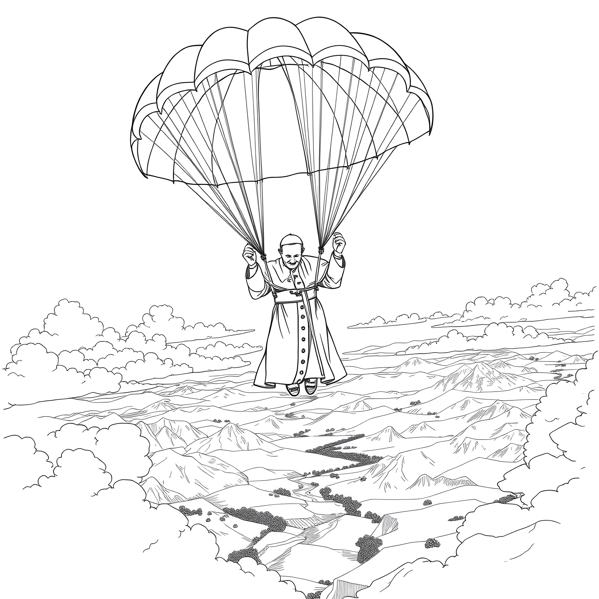 Pope descending from the sky with parachute Coloring Page (free black-and-white line drawing printable PDF for all, from beginners to advanced learners, including children, teens, adults, and seniors)