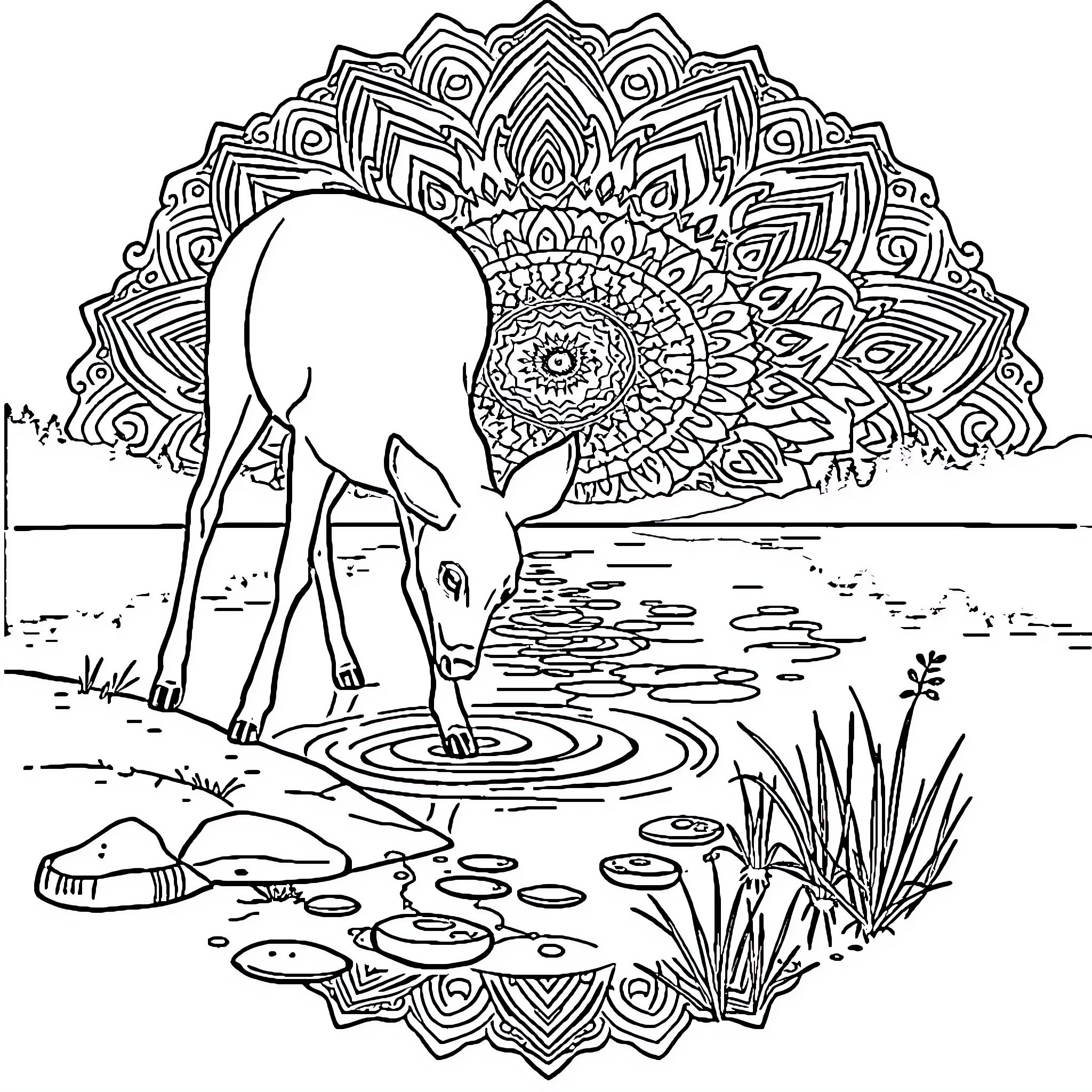 Deer drinking from a pond in an ornate landscape Coloring Page (free black-and-white line drawing printable PDF for all, from beginners to advanced learners, including children, teens, adults, and seniors)