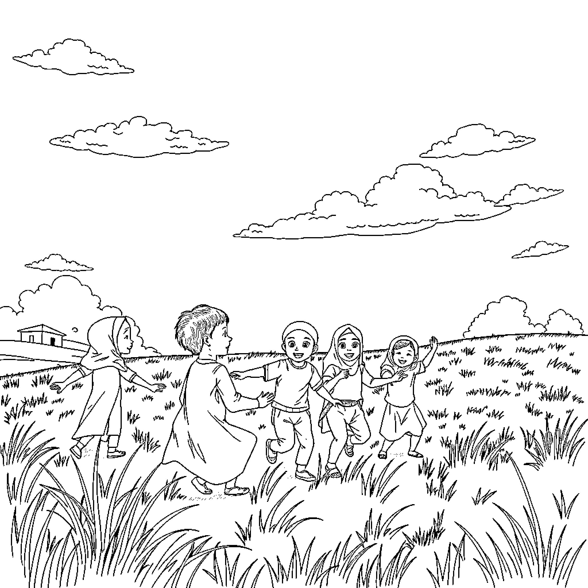 Kids playing joyfully in a field Coloring Page (free black-and-white line drawing printable PDF for all, from beginners to advanced learners, including children, teens, adults, and seniors)