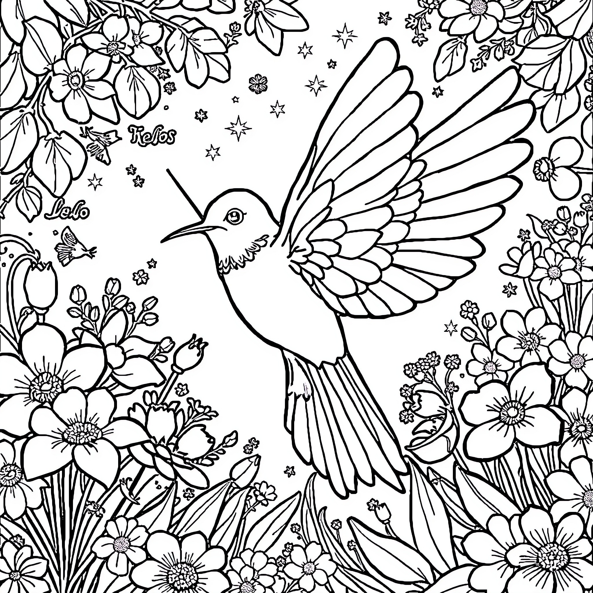 Hummingbird soaring among vibrant flowers Coloring Page (free black-and-white line drawing printable PDF for all, from beginners to advanced learners, including children, teens, adults, and seniors)
