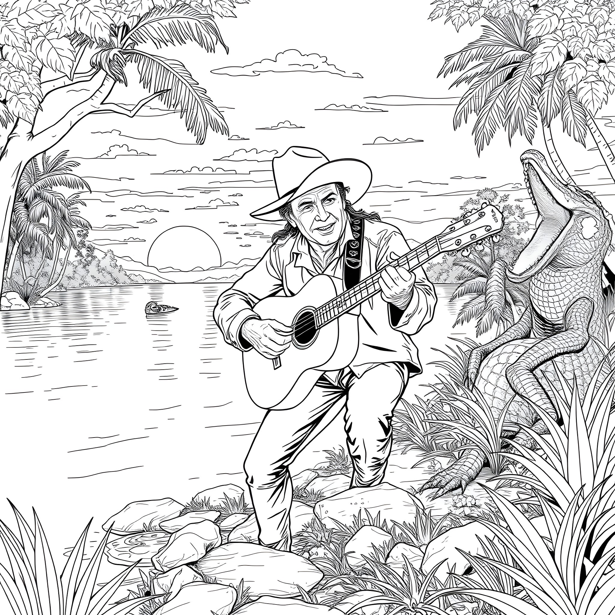 Hank Williams Jr. playing guitar in a tropical paradise Coloring Page (free black-and-white line drawing printable PDF for all, from beginners to advanced learners, including children, teens, adults, and seniors)