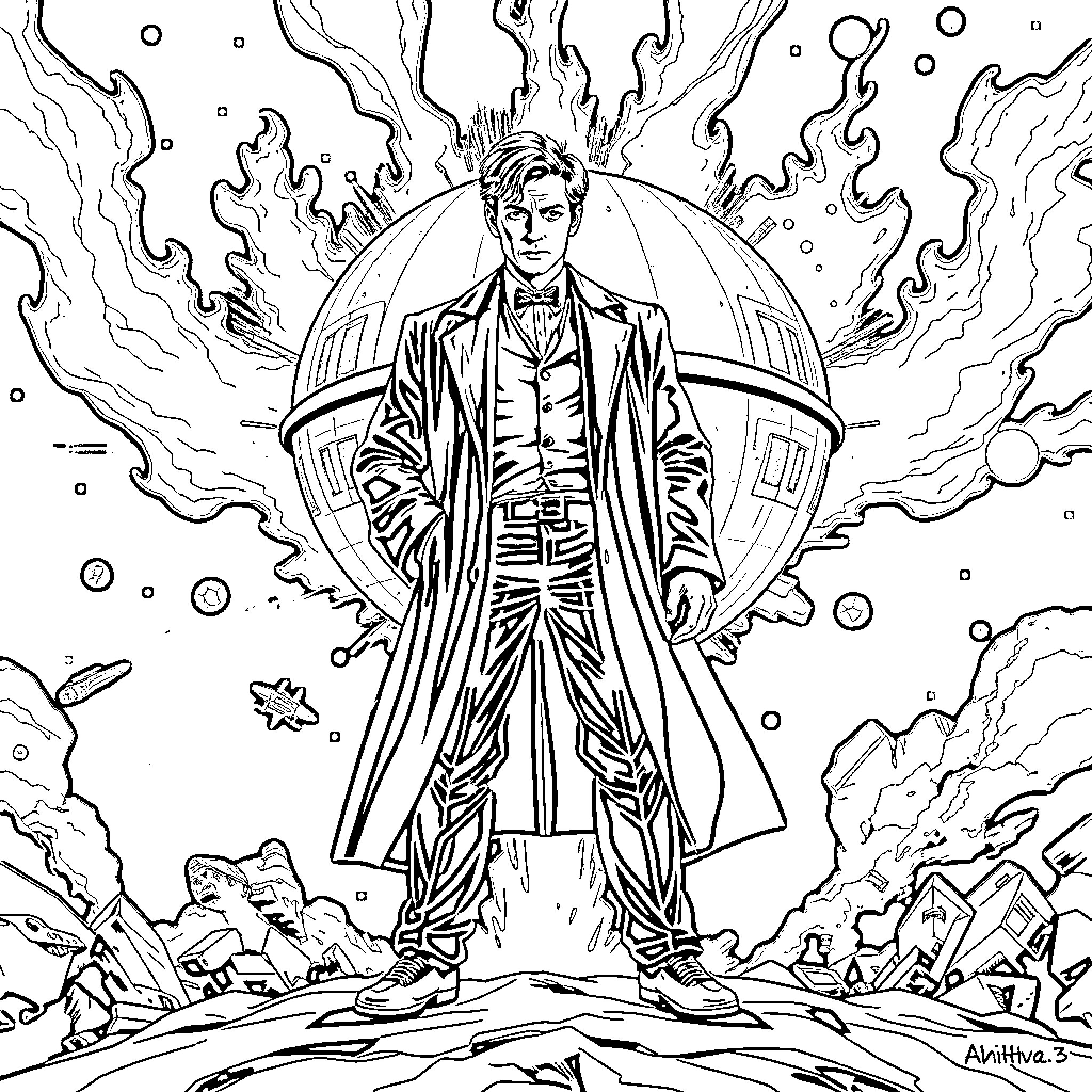Doctor Who standing amidst cosmic swirls and flames Coloring Page (free black-and-white line drawing printable PDF for all, from beginners to advanced learners, including children, teens, adults, and seniors)