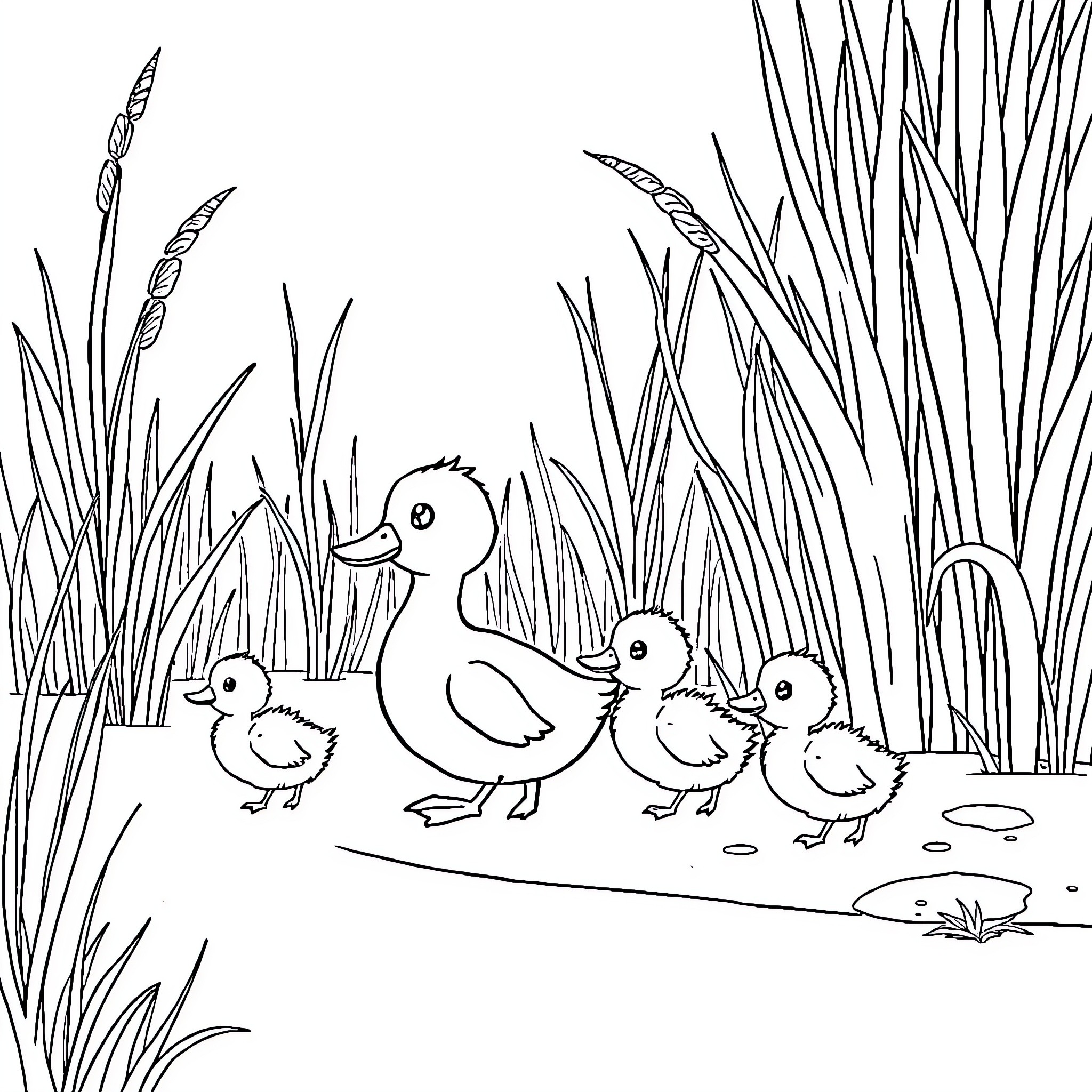 Duck family exploring the pond Coloring Page (free black-and-white line drawing printable PDF for all, from beginners to advanced learners, including children, teens, adults, and seniors)
