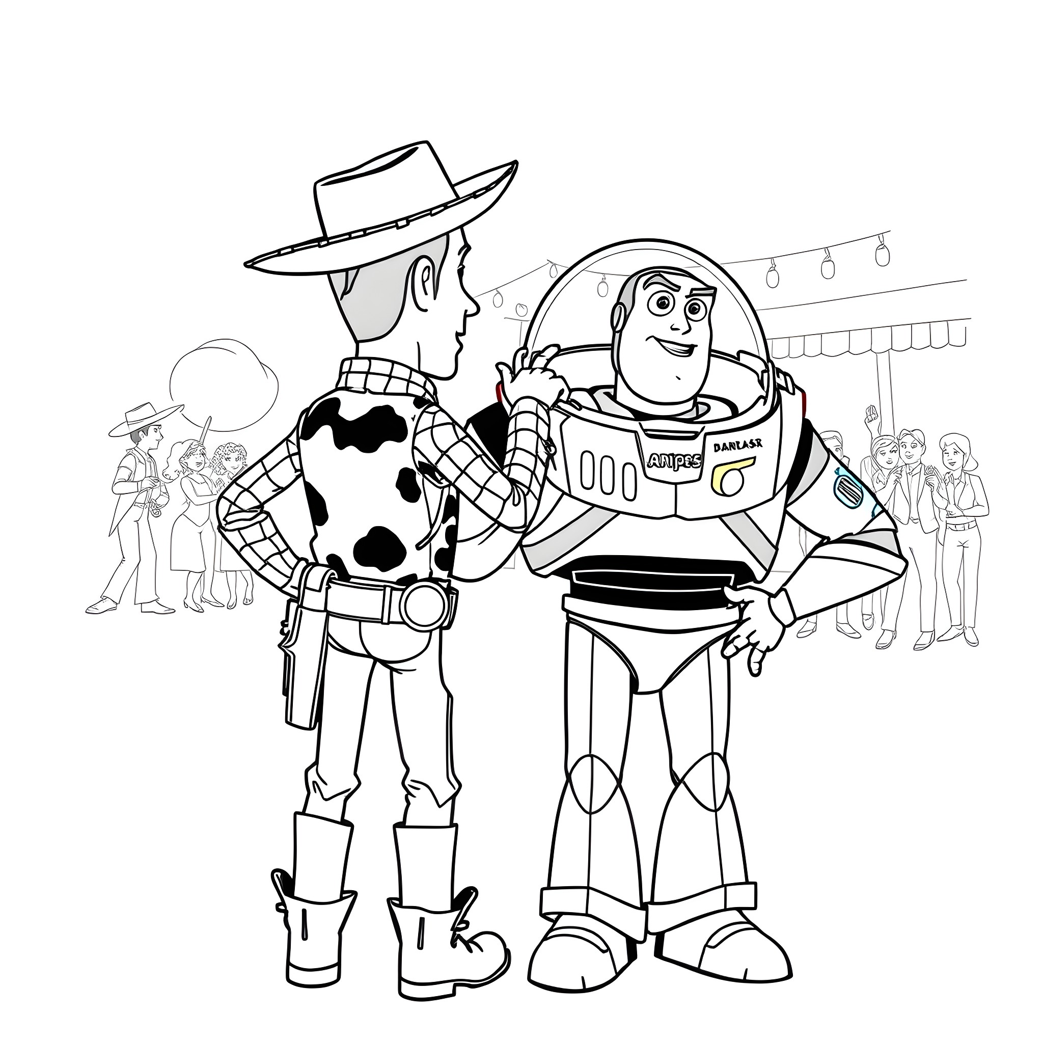 Woody and Buzz in a crowded scene Coloring Page (free black-and-white line drawing printable PDF for all, from beginners to advanced learners, including children, teens, adults, and seniors)