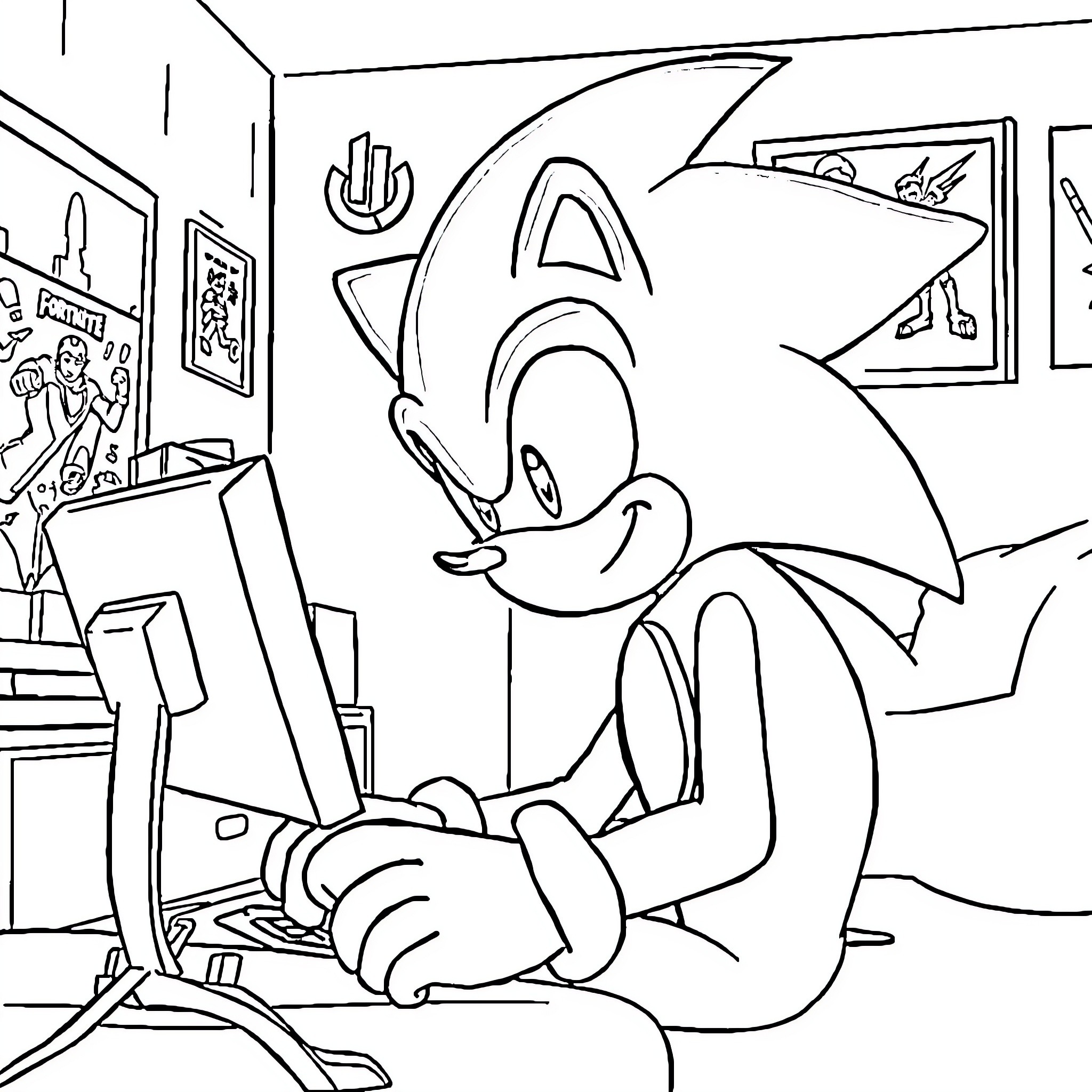 Sonic the Hedgehog at his computer Coloring Page (free black-and-white line drawing printable PDF for all, from beginners to advanced learners, including children, teens, adults, and seniors)