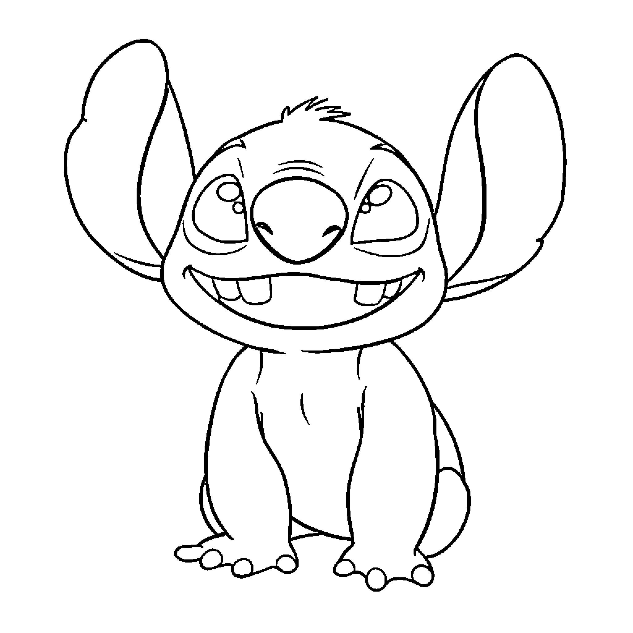 Stitch's cheerful and mischievous expression Coloring Page (free black-and-white line drawing printable PDF for all, from beginners to advanced learners, including children, teens, adults, and seniors)