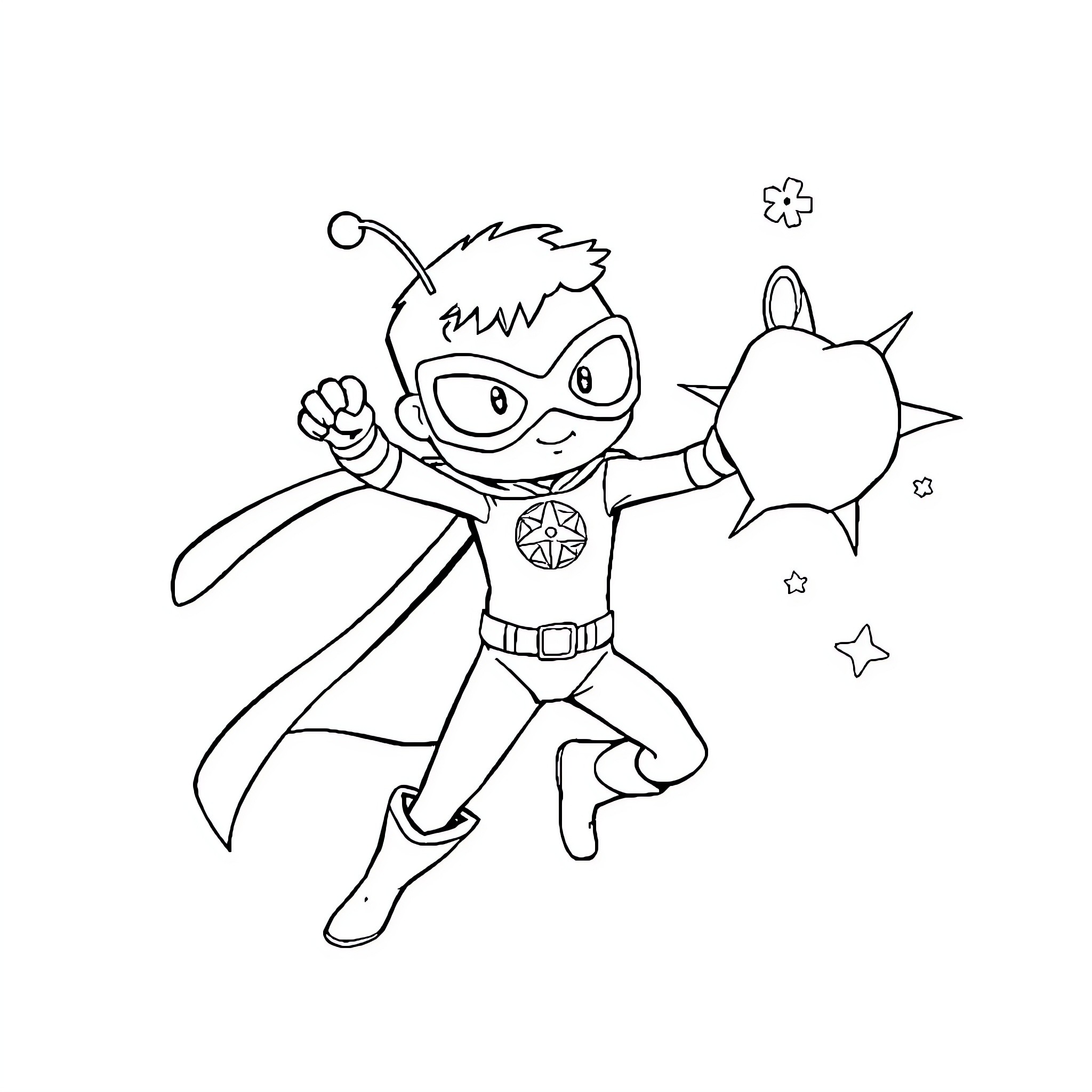 Superhero in action with star-shaped shield Coloring Page (free black-and-white line drawing printable PDF for all, from beginners to advanced learners, including children, teens, adults, and seniors)