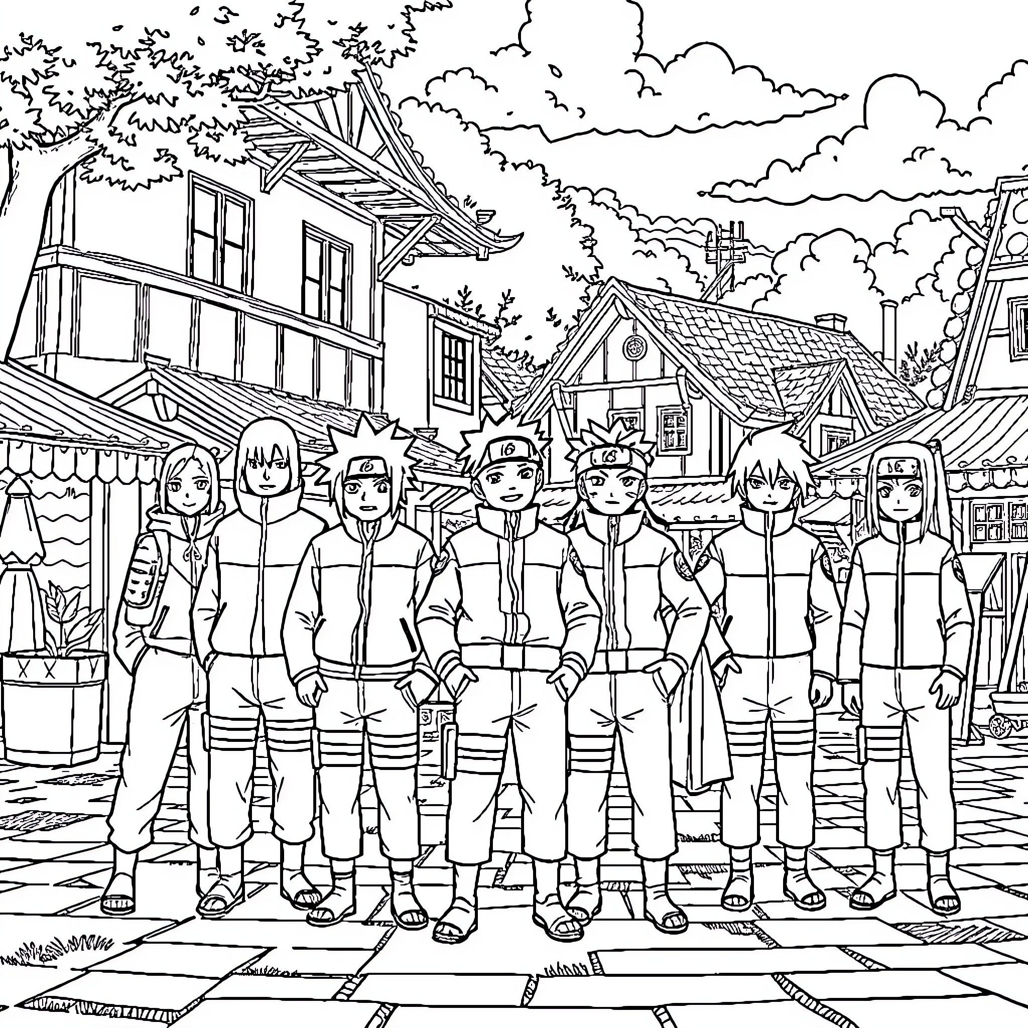 Naruto characters in a village setting Coloring Page (free black-and-white line drawing printable PDF for all, from beginners to advanced learners, including children, teens, adults, and seniors)