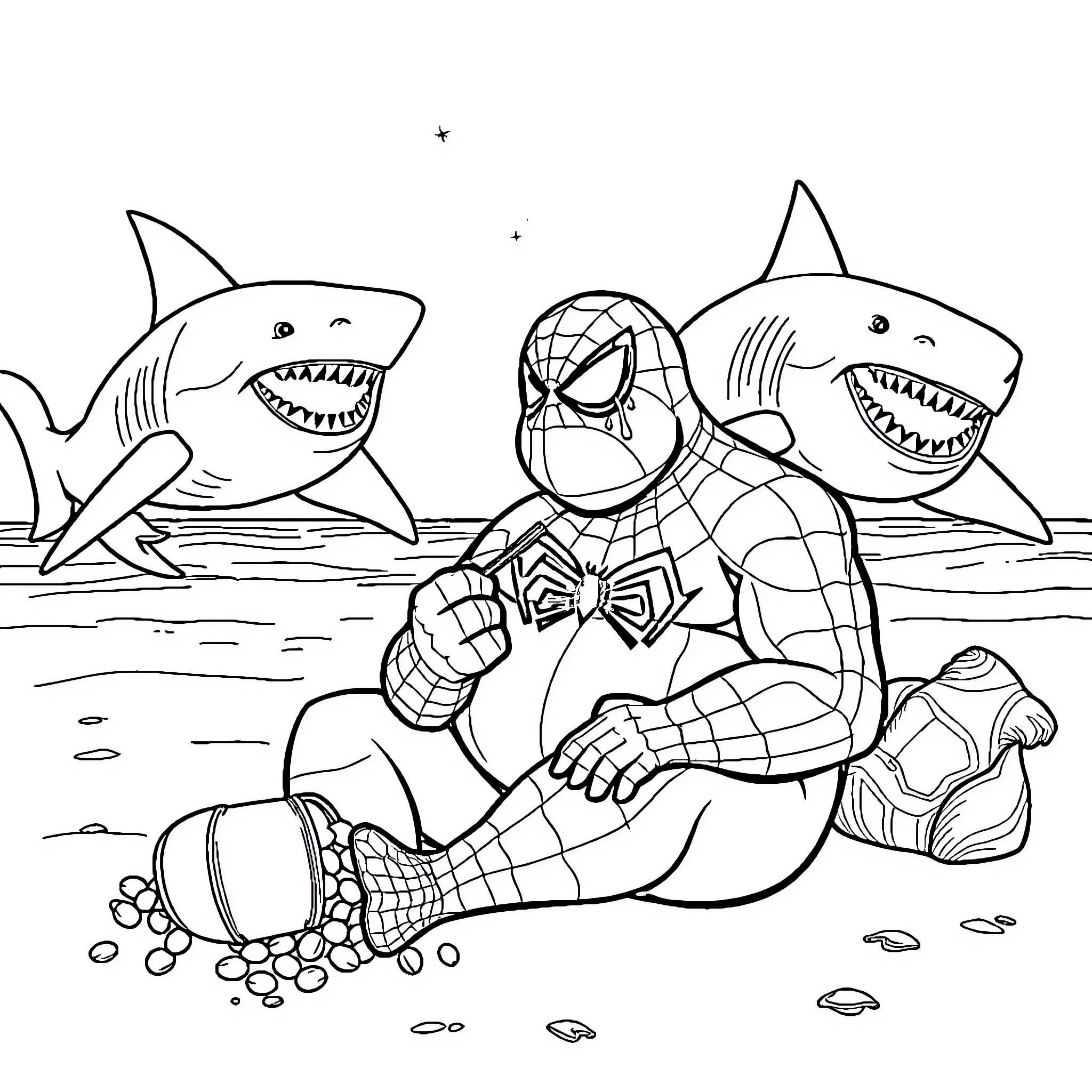 Spiderman Battles Sharks in the Ocean Coloring Page (free black-and-white line drawing printable PDF for all, from beginners to advanced learners, including children, teens, adults, and seniors)