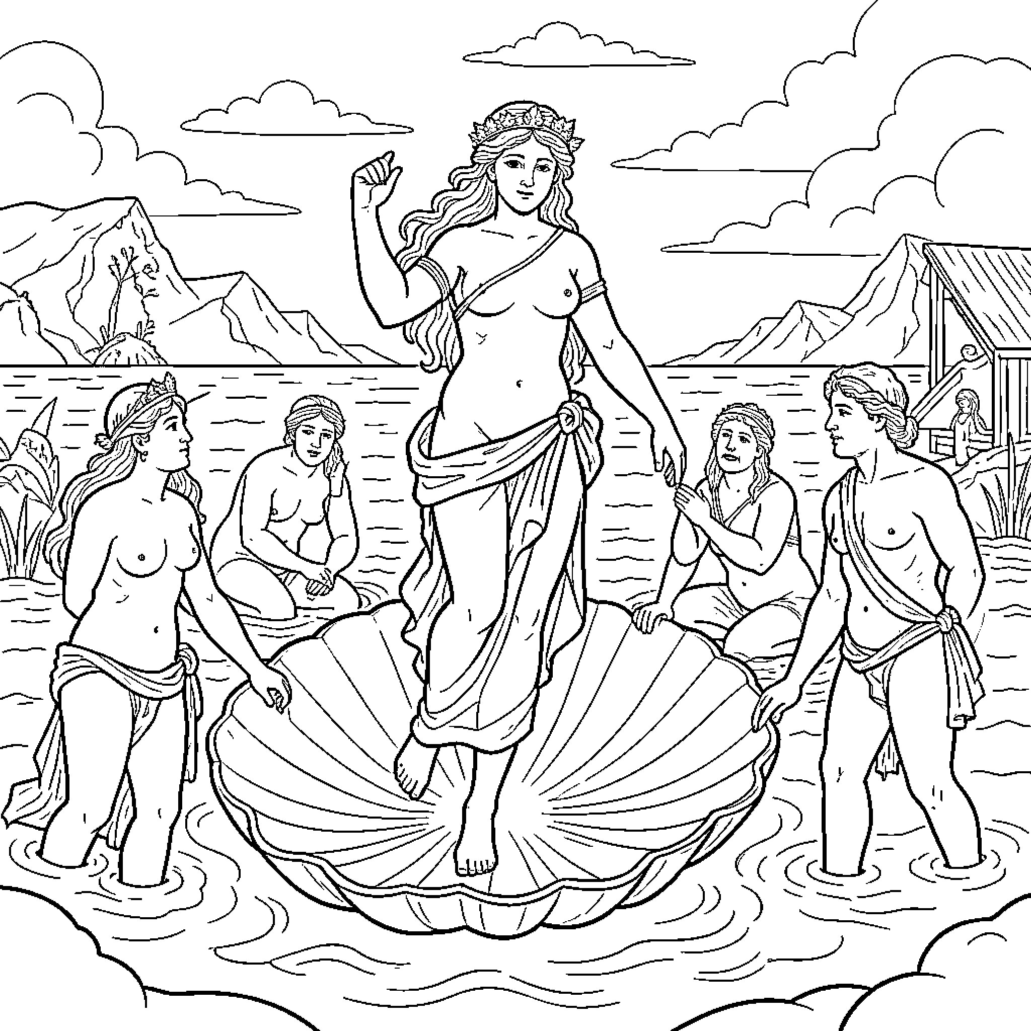 Venus standing on a seashell surrounded by figures Coloring Page (free black-and-white line drawing printable PDF for all, from beginners to advanced learners, including children, teens, adults, and seniors)