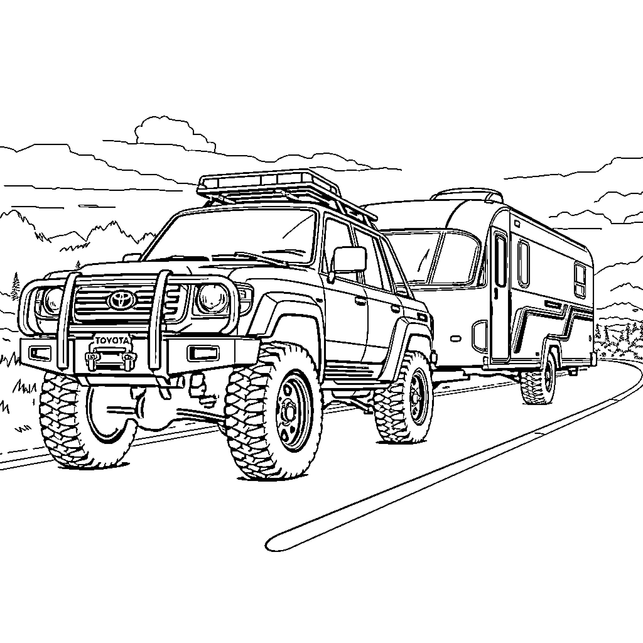 Toyota Off-Road Vehicle with Camper Trailer Coloring Page (free black-and-white line drawing printable PDF for all, from beginners to advanced learners, including children, teens, adults, and seniors)