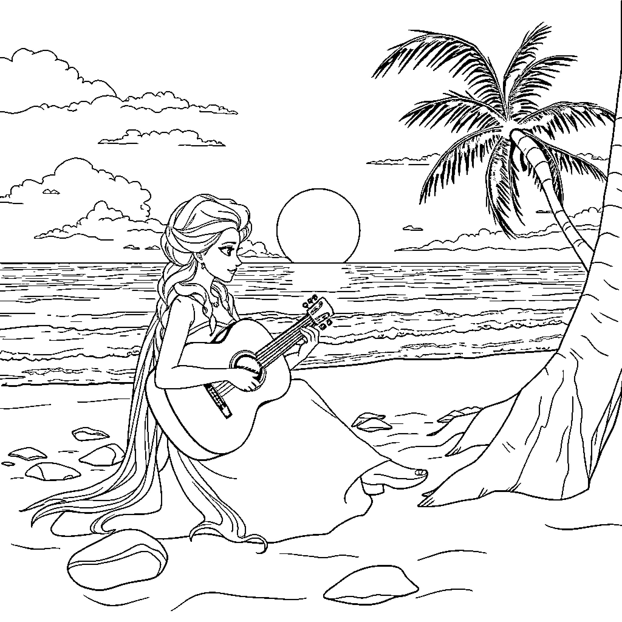 Elsa playing guitar by the beach at sunset Coloring Page (free black-and-white line drawing printable PDF for all, from beginners to advanced learners, including children, teens, adults, and seniors)