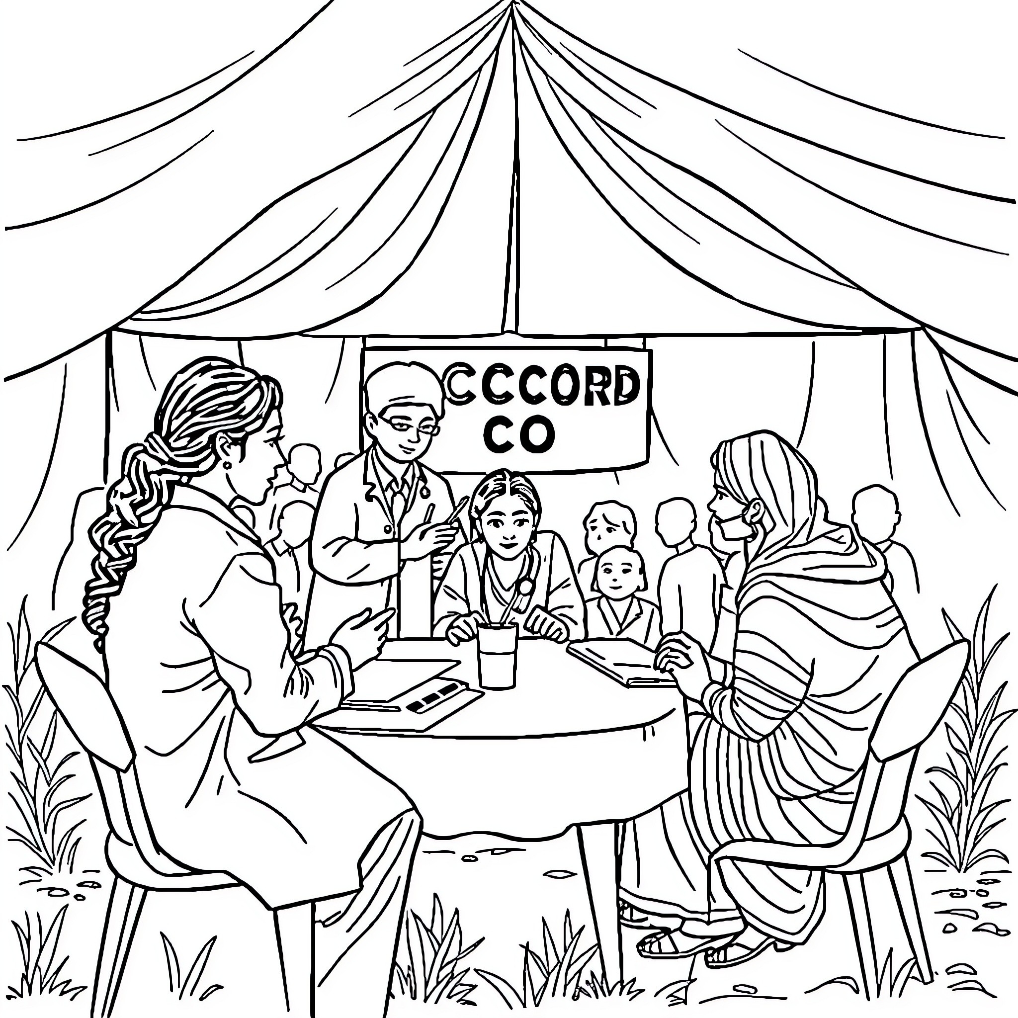 PCOD Gathering at the Outdoor Record Fair Coloring Page (free black-and-white line drawing printable PDF for all, from beginners to advanced learners, including children, teens, adults, and seniors)
