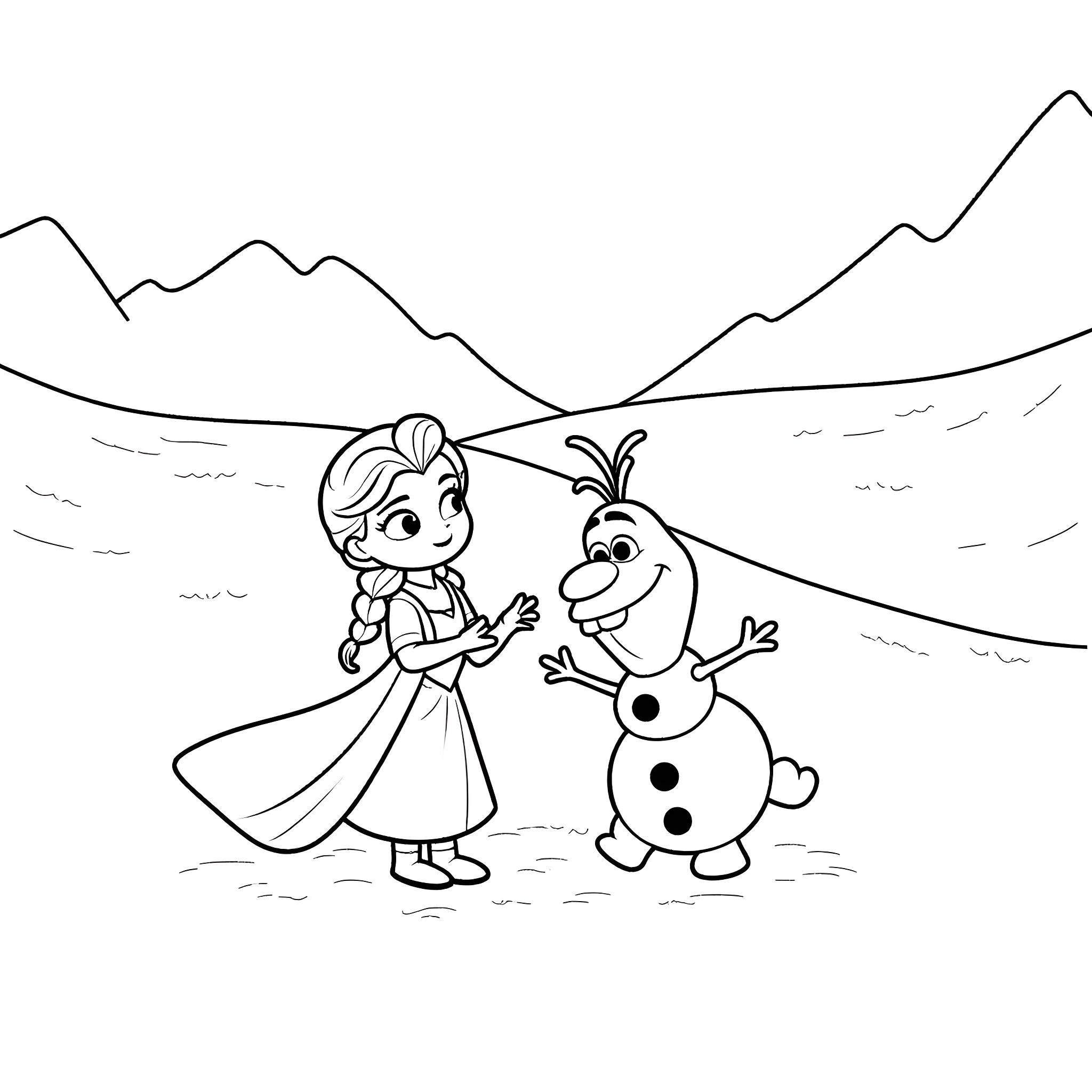 Elsa and Olaf playing joyfully in the snowy landscape Coloring Page (free black-and-white line drawing printable PDF for all, from beginners to advanced learners, including children, teens, adults, and seniors)
