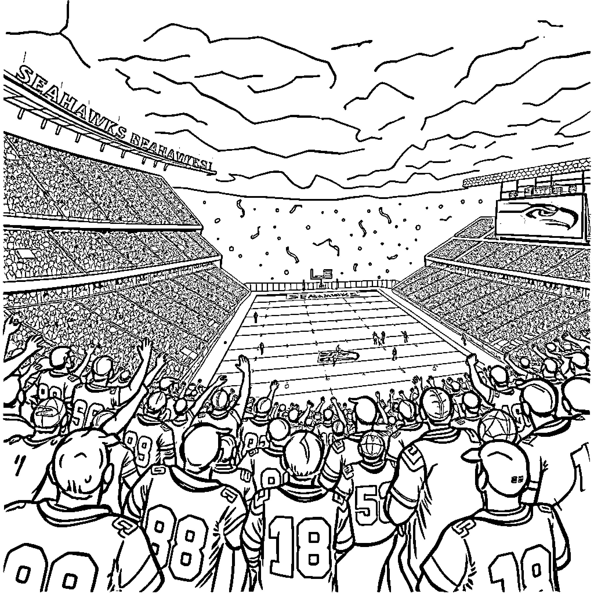 Stadium crowd cheers on sports teams in action Coloring Page (free black-and-white line drawing printable PDF for all, from beginners to advanced learners, including children, teens, adults, and seniors)