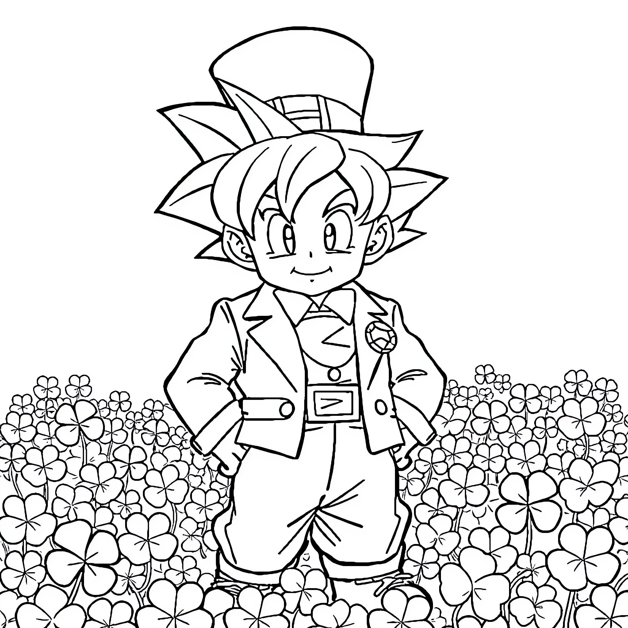 Goku enjoying a field of clovers Coloring Page (free black-and-white line drawing printable PDF for all, from beginners to advanced learners, including children, teens, adults, and seniors)