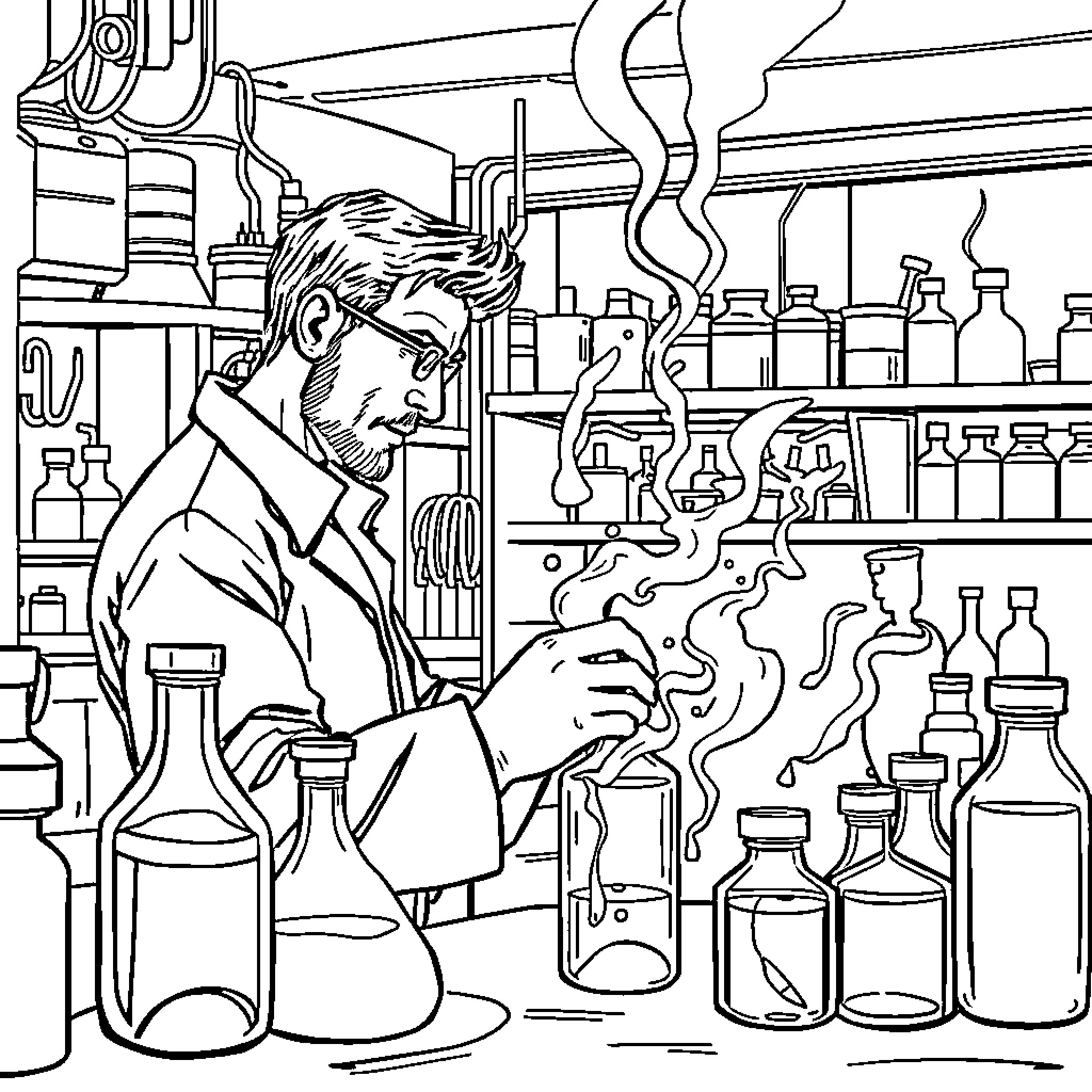 Man working in a laboratory with various scientific equipment Coloring Page (free black-and-white line drawing printable PDF for all, from beginners to advanced learners, including children, teens, adults, and seniors)