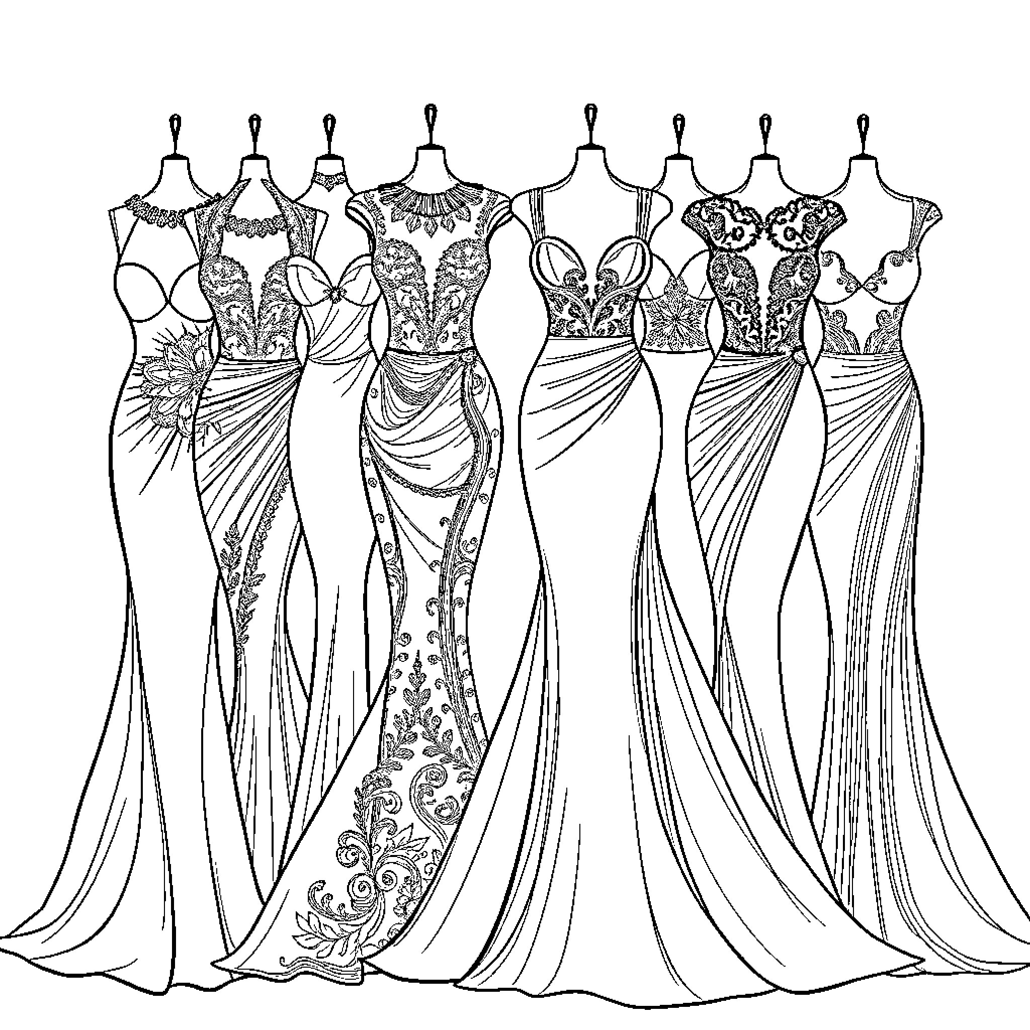 Couture Gowns of Elegance and Style Coloring Page (free black-and-white line drawing printable PDF for all, from beginners to advanced learners, including children, teens, adults, and seniors)