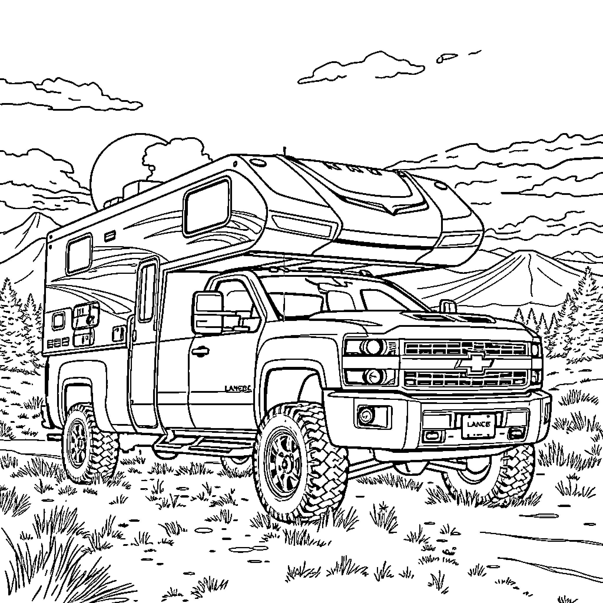 Truck with Recreational Vehicle Traversing Rugged Terrain Coloring Page (free black-and-white line drawing printable PDF for all, from beginners to advanced learners, including children, teens, adults, and seniors)