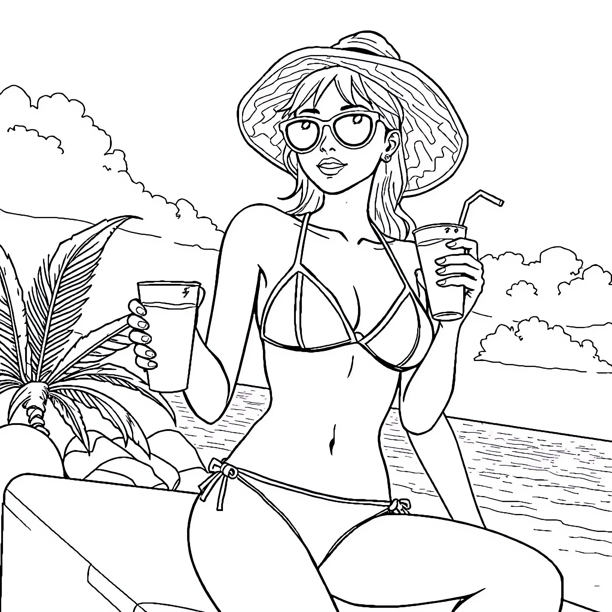 Anime Girl Enjoying Tropical Beach Vacation Coloring Page (free black-and-white line drawing printable PDF for all, from beginners to advanced learners, including children, teens, adults, and seniors)