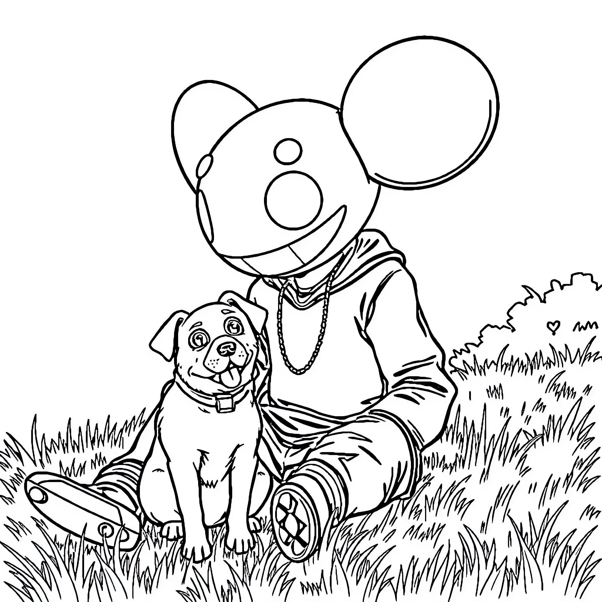 Deadmau5 relaxing with dog in the park Coloring Page (free black-and-white line drawing printable PDF for all, from beginners to advanced learners, including children, teens, adults, and seniors)
