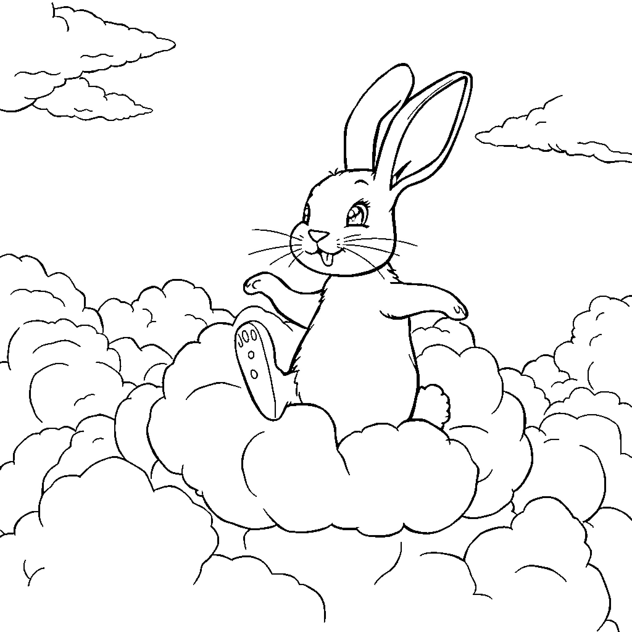 Bunny jumping playfully among the clouds Coloring Page (free black-and-white line drawing printable PDF for all, from beginners to advanced learners, including children, teens, adults, and seniors)