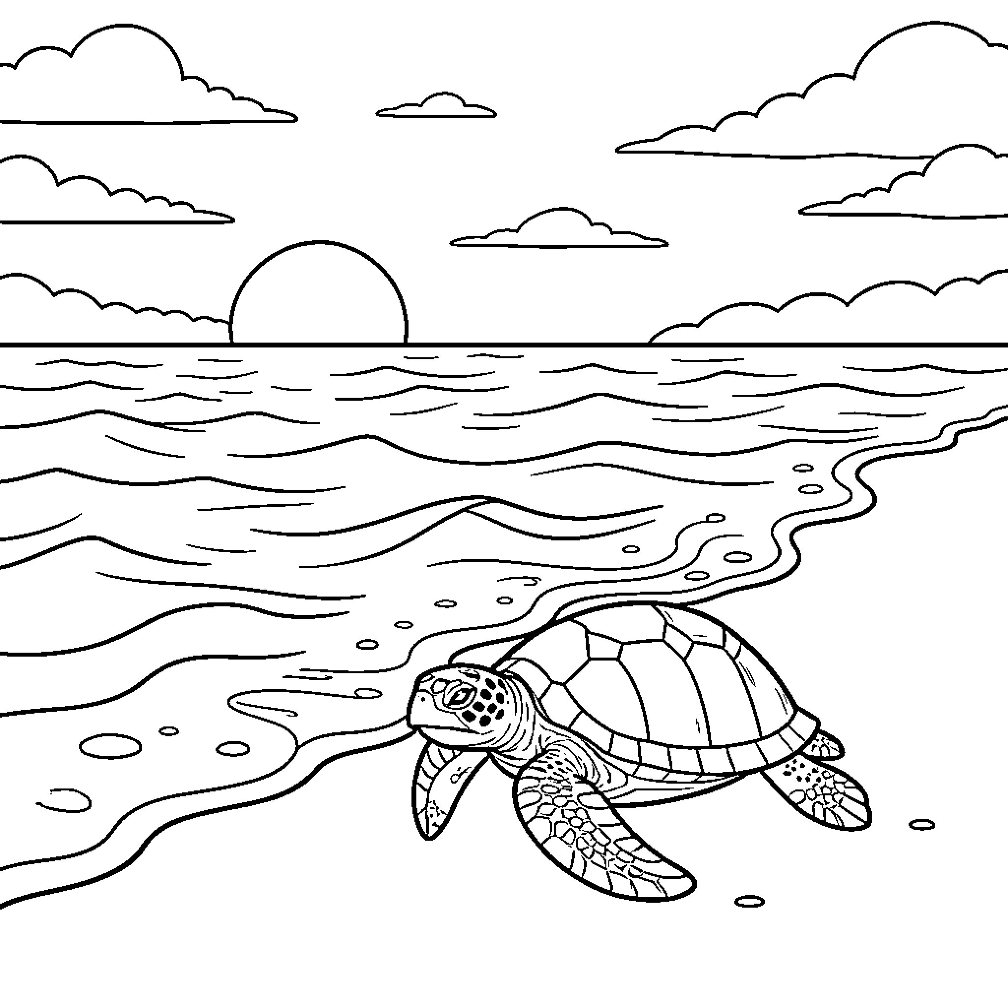 Sea Turtle crawling along the ocean shoreline at sunset Coloring Page (free black-and-white line drawing printable PDF for all, from beginners to advanced learners, including children, teens, adults, and seniors)