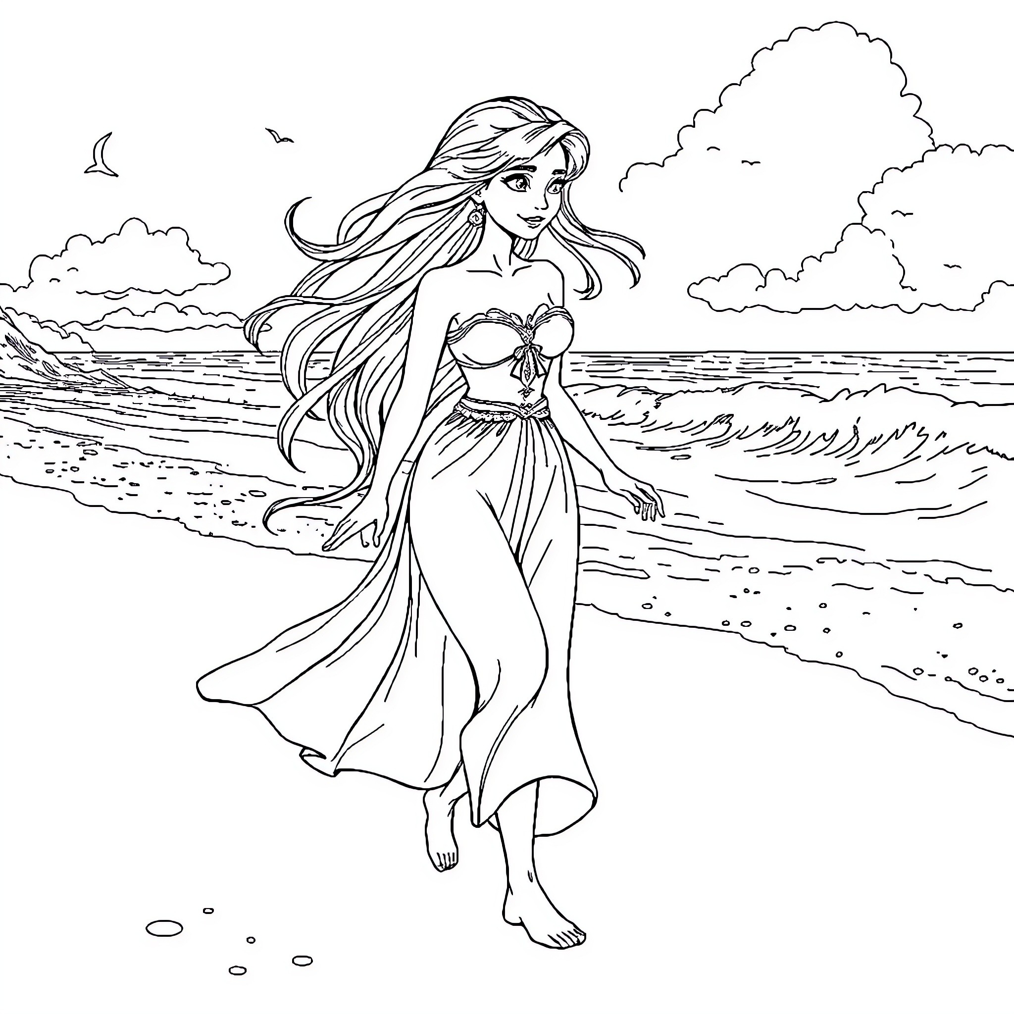 Rapunzel walking along the beach in her flowing dress Coloring Page (free black-and-white line drawing printable PDF for all, from beginners to advanced learners, including children, teens, adults, and seniors)