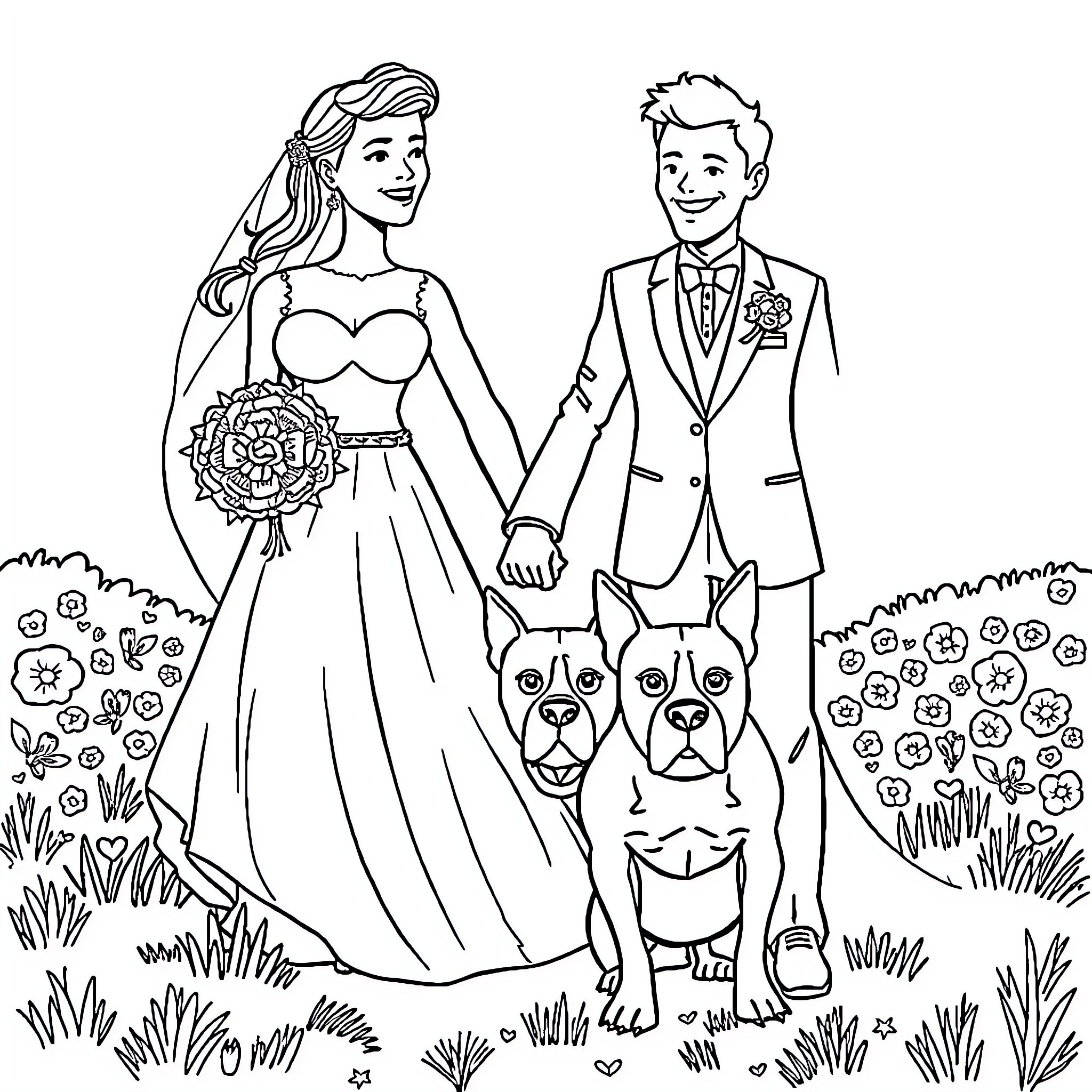 Pitbull couple's wedding celebration with their pets Coloring Page (free black-and-white line drawing printable PDF for all, from beginners to advanced learners, including children, teens, adults, and seniors)