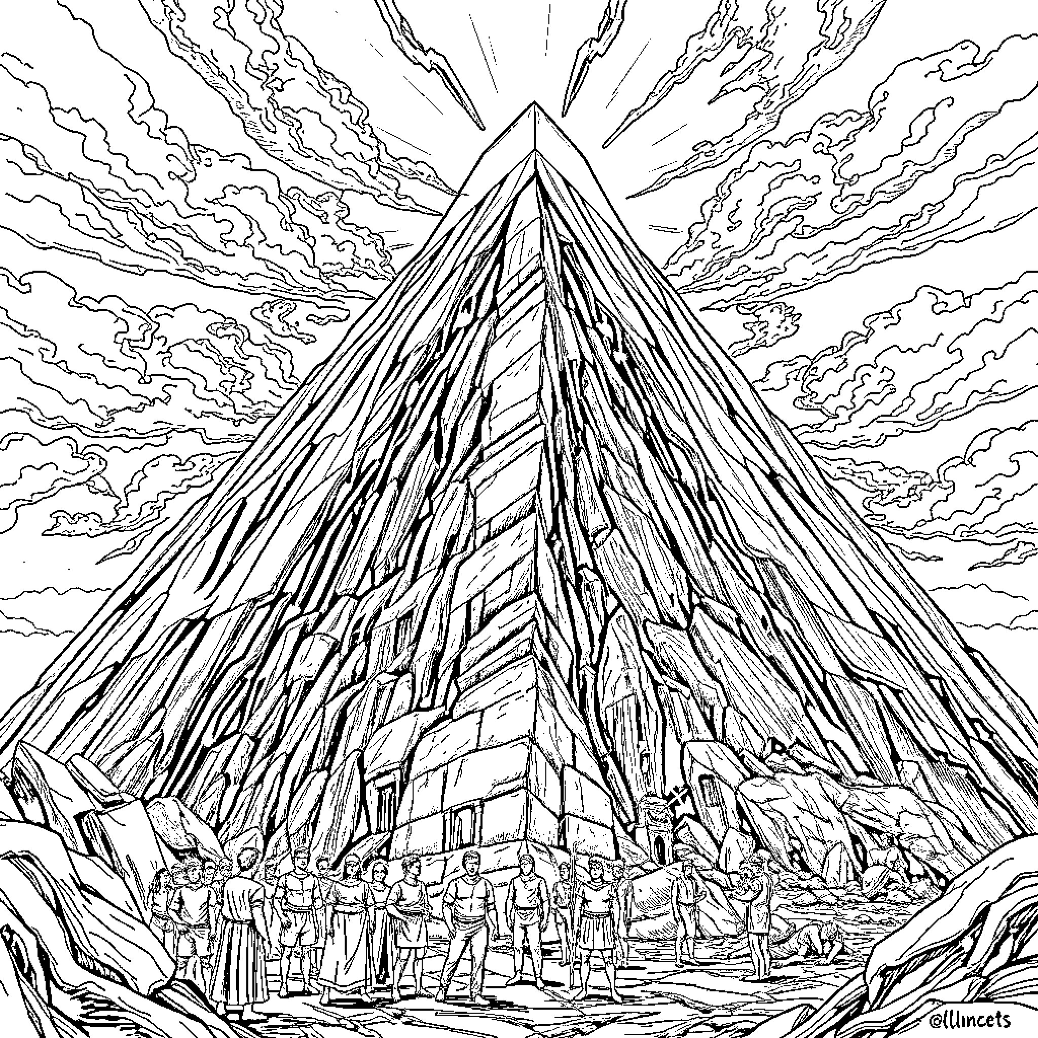 Pyramid with dramatic sky and crowd of people Coloring Page (free black-and-white line drawing printable PDF for all, from beginners to advanced learners, including children, teens, adults, and seniors)