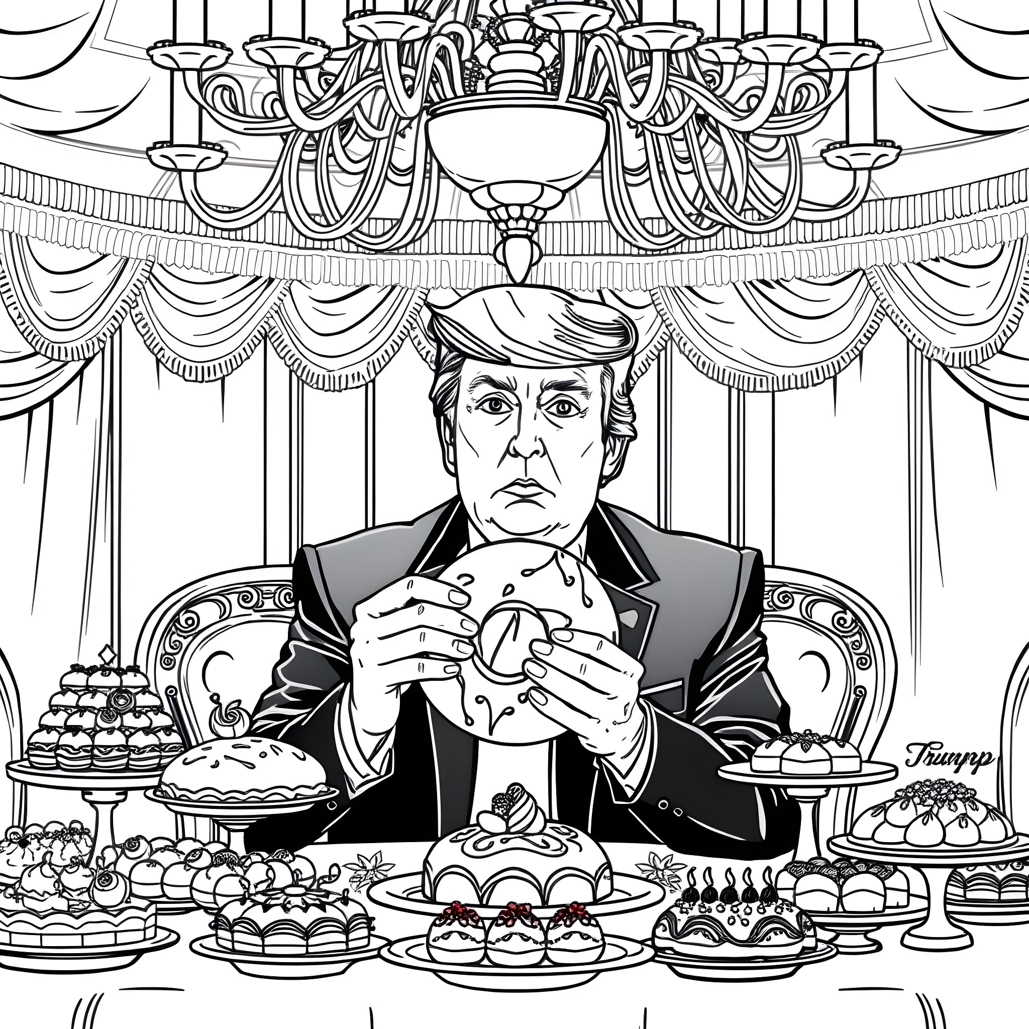 Donald Trump Indulging in Decadent Sweets and Desserts Coloring Page (free black-and-white line drawing printable PDF for all, from beginners to advanced learners, including children, teens, adults, and seniors)
