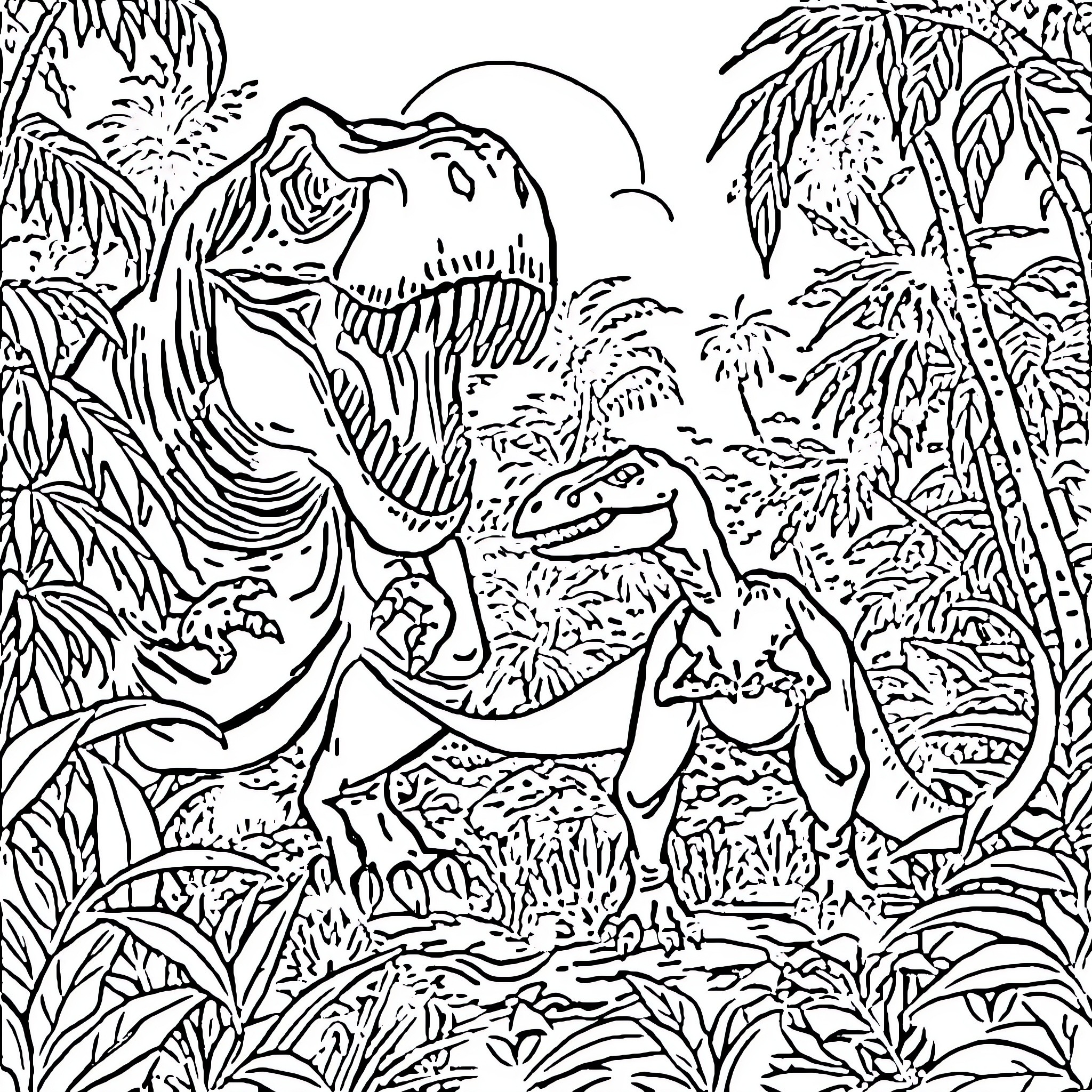 Dinosaur roaming in a lush tropical jungle Coloring Page (free black-and-white line drawing printable PDF for all, from beginners to advanced learners, including children, teens, adults, and seniors)