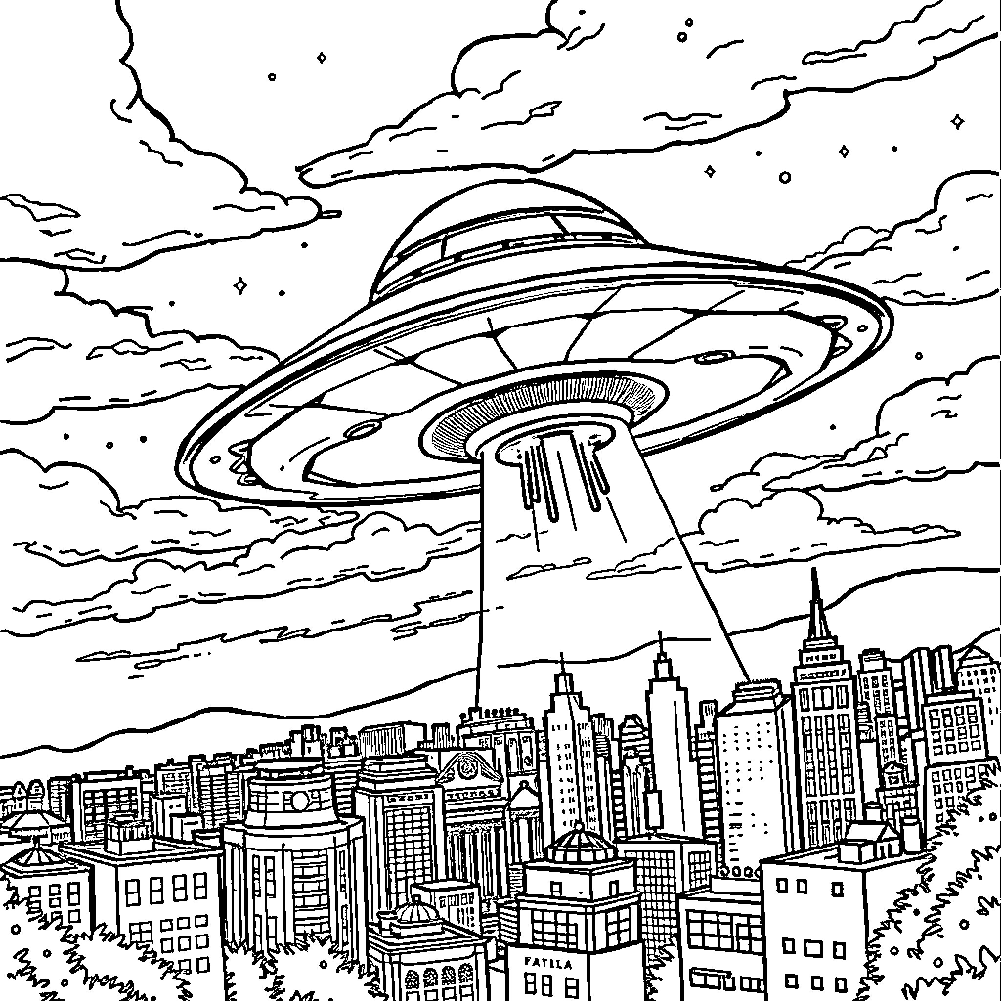 UFO hovering over a futuristic city at night Coloring Page (free black-and-white line drawing printable PDF for all, from beginners to advanced learners, including children, teens, adults, and seniors)
